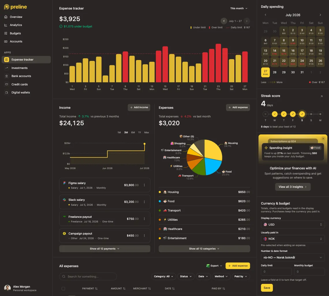 Finance Tracker dashboard overview preview in dark mode