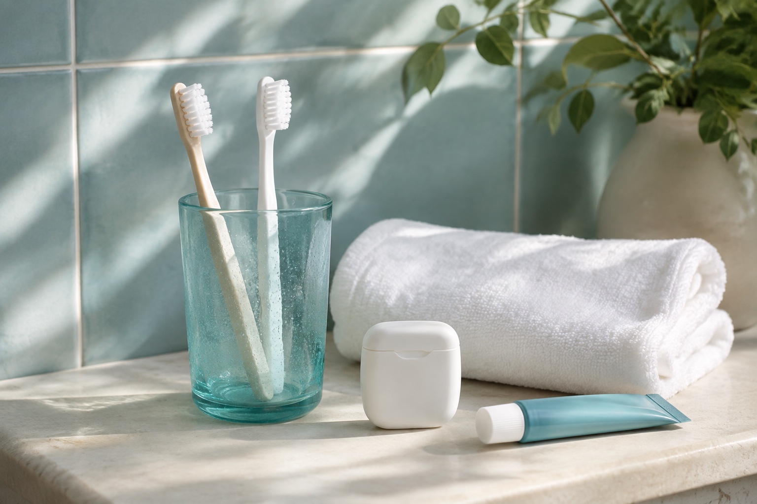 Toothbrushes, floss, and a fresh towel on a bathroom shelf with aqua tiles