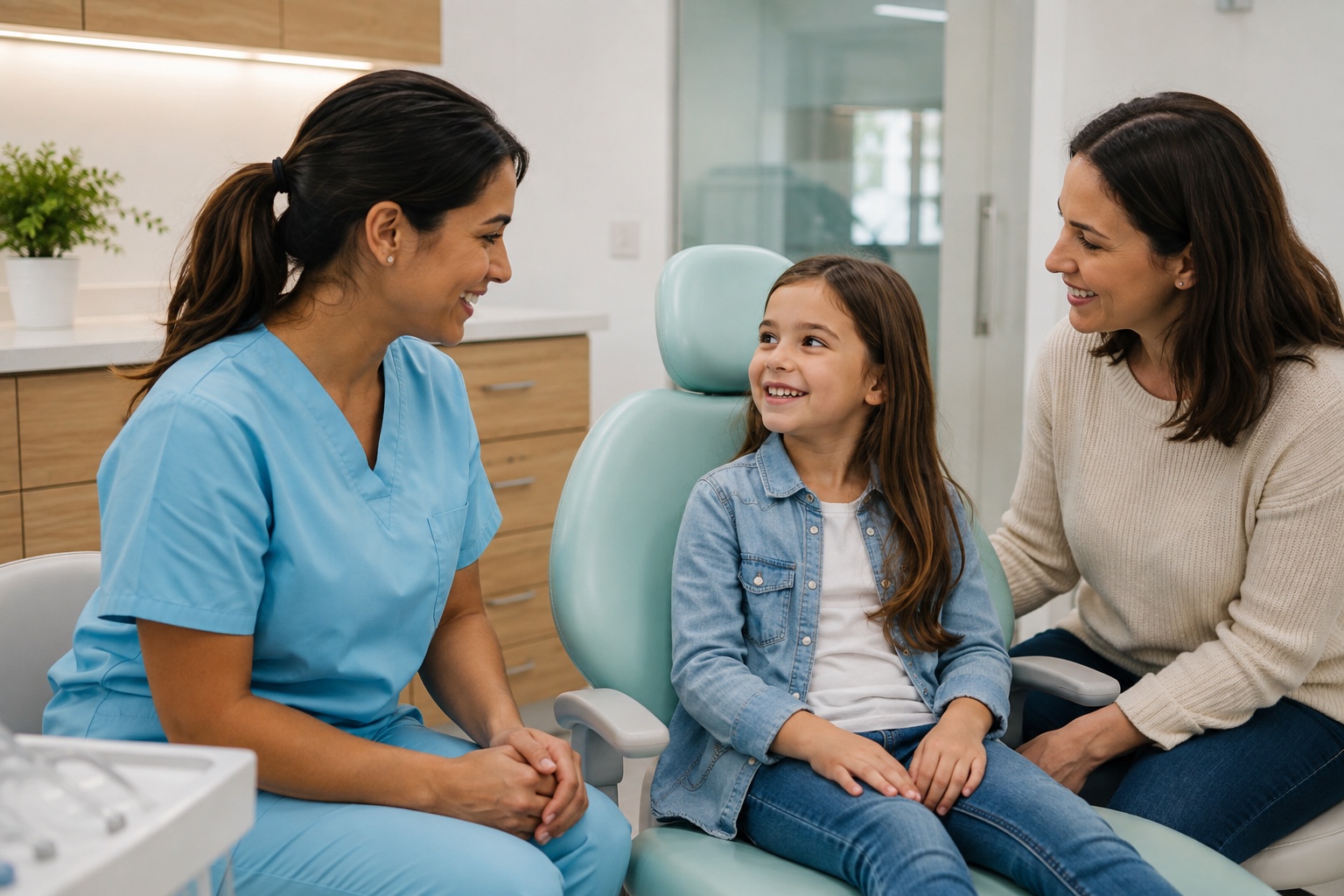 A dentist chatting with a child and parent before a dental appointment