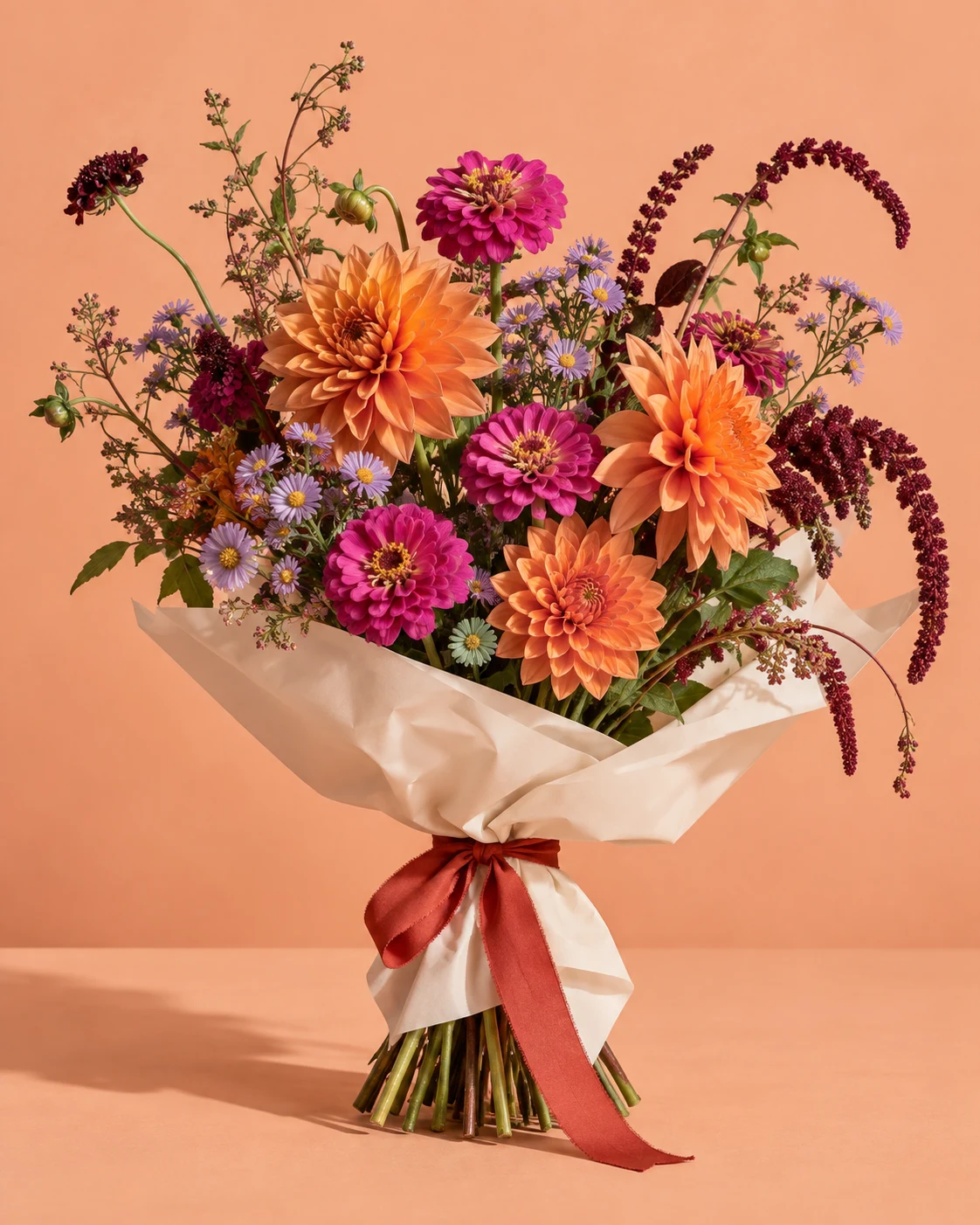 The Good Noise: orange, magenta & full volume bouquet wrapped in paper