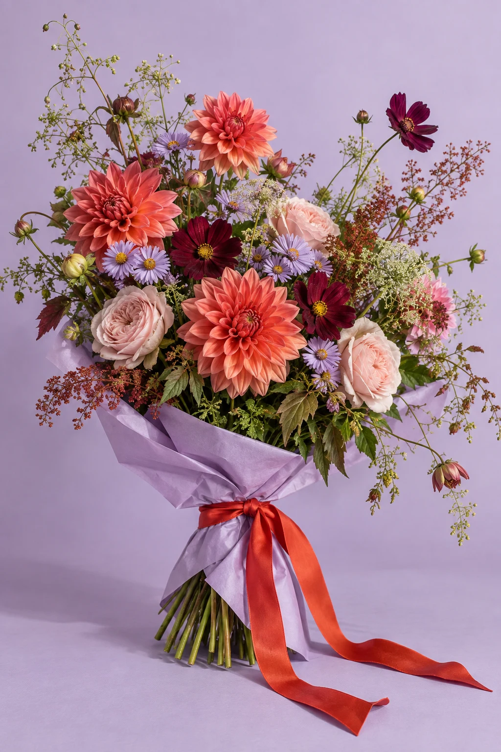 An abundant coral and lavender bouquet, wrapped in lilac paper with a red ribbon