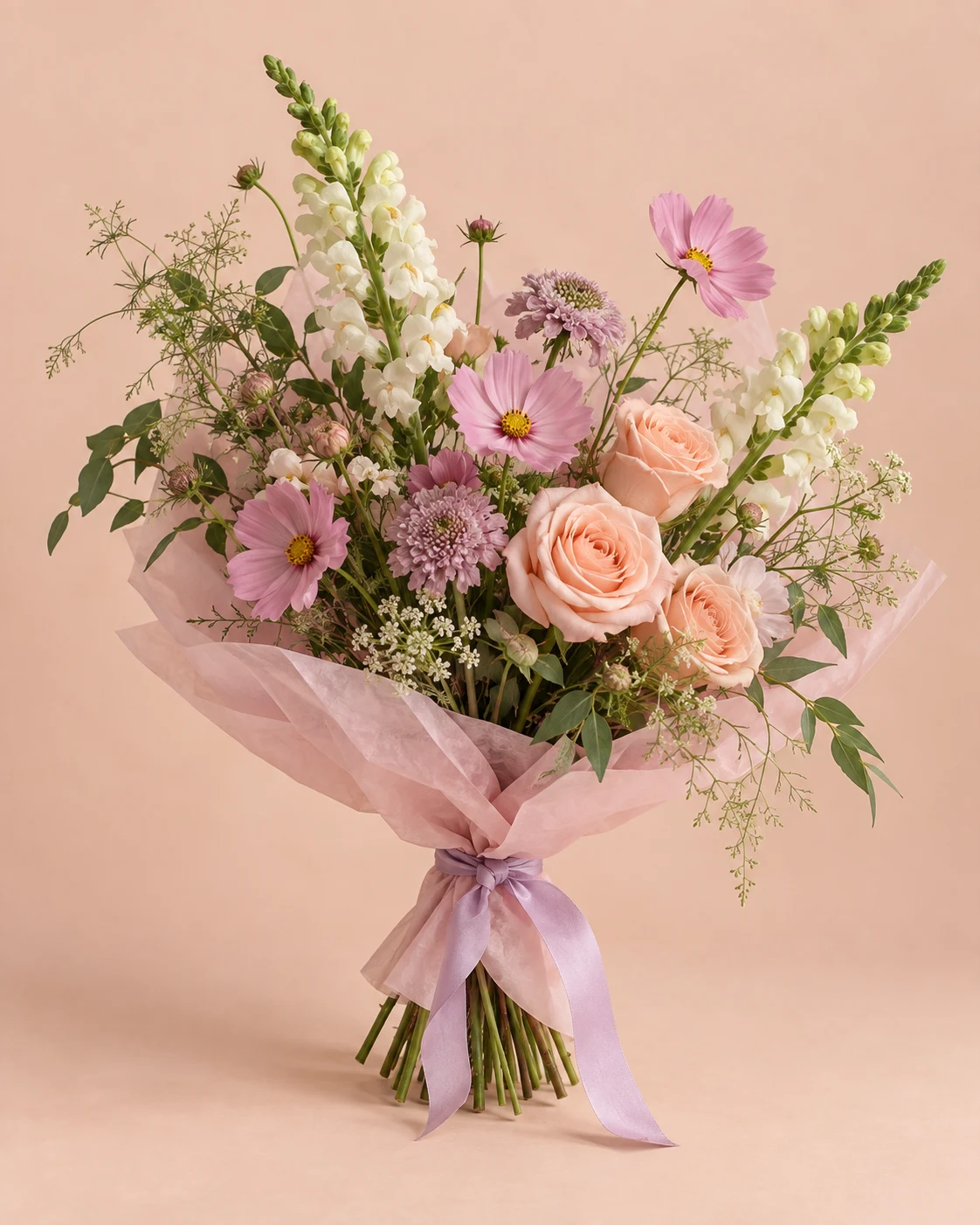 A Softer Something: blush, peach & a quiet kind of lovely bouquet wrapped in paper