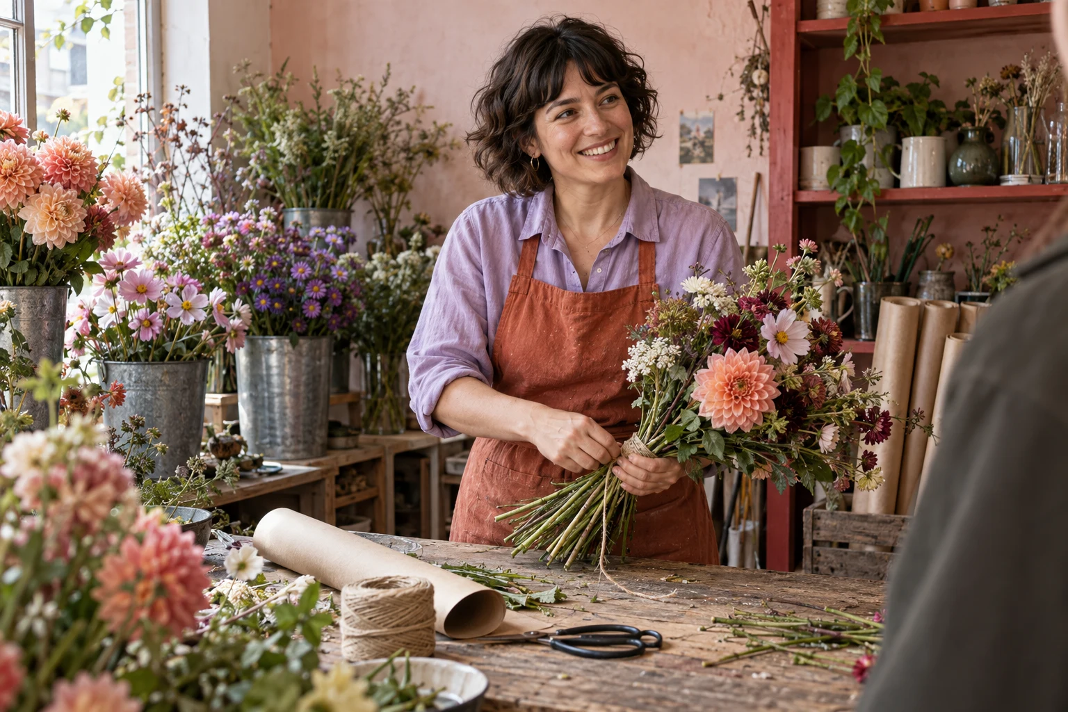 A florist in a lilac shirt and rust apron arranging stems in the Offstem studio