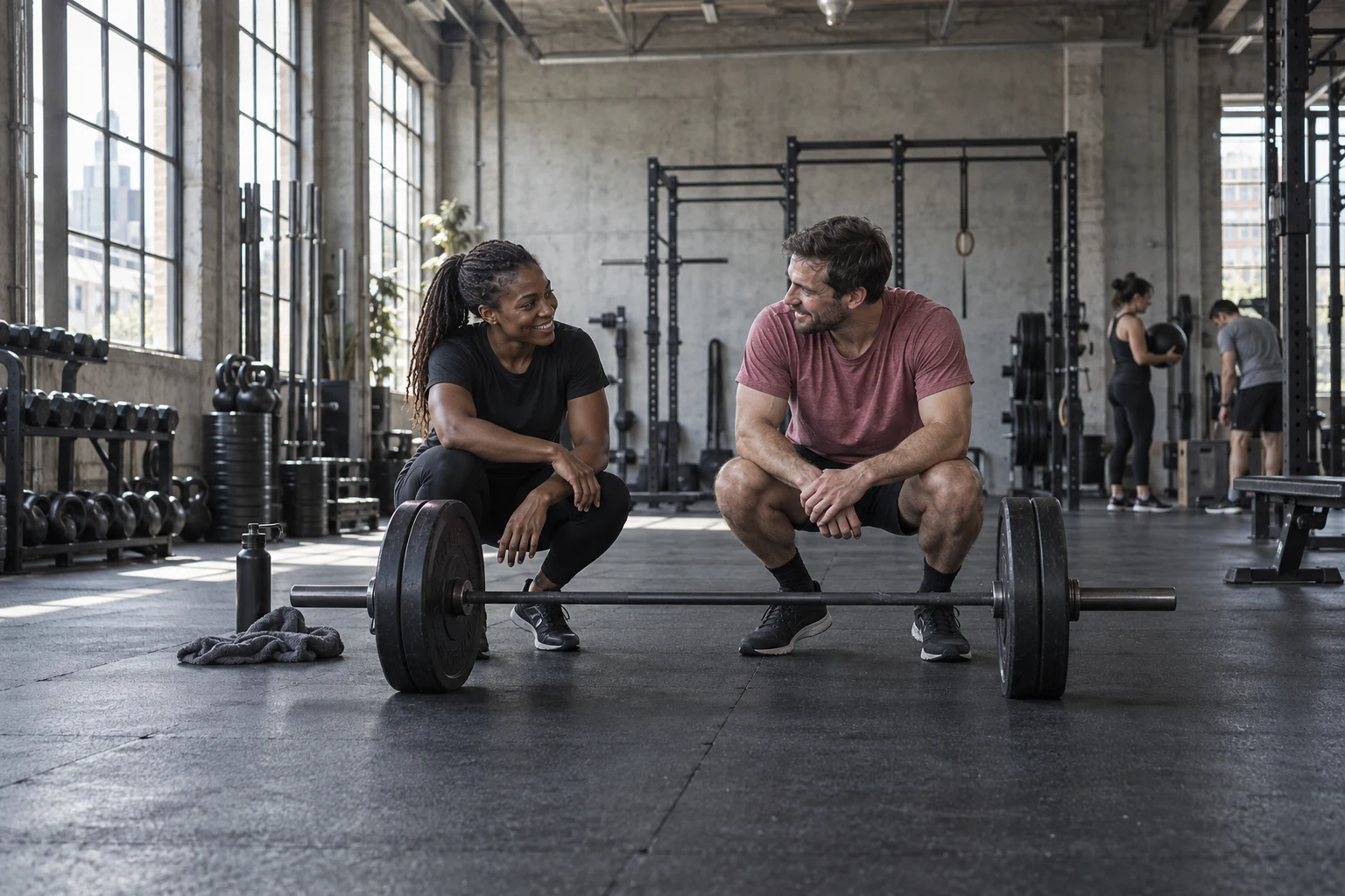 A coach and member sharing an encouraging moment between sets on the Setpoint training floor