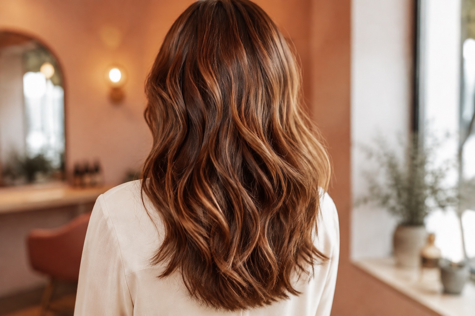 Natural chestnut waves with soft caramel colour dimension