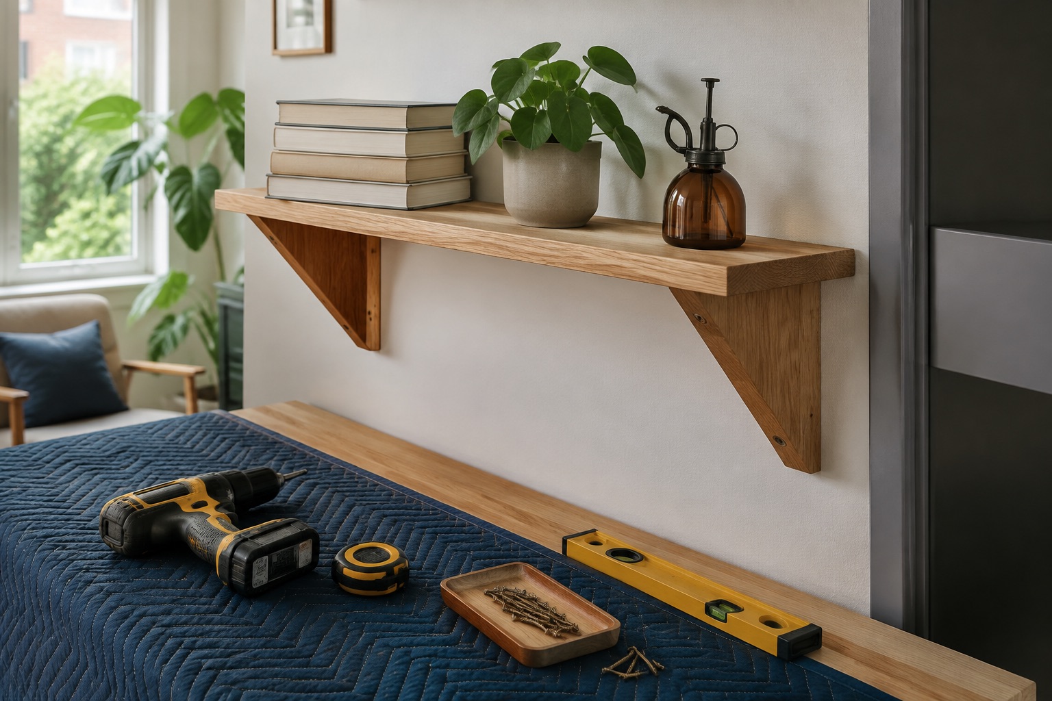 An installed oak shelf and carefully laid-out tools on a protective blanket