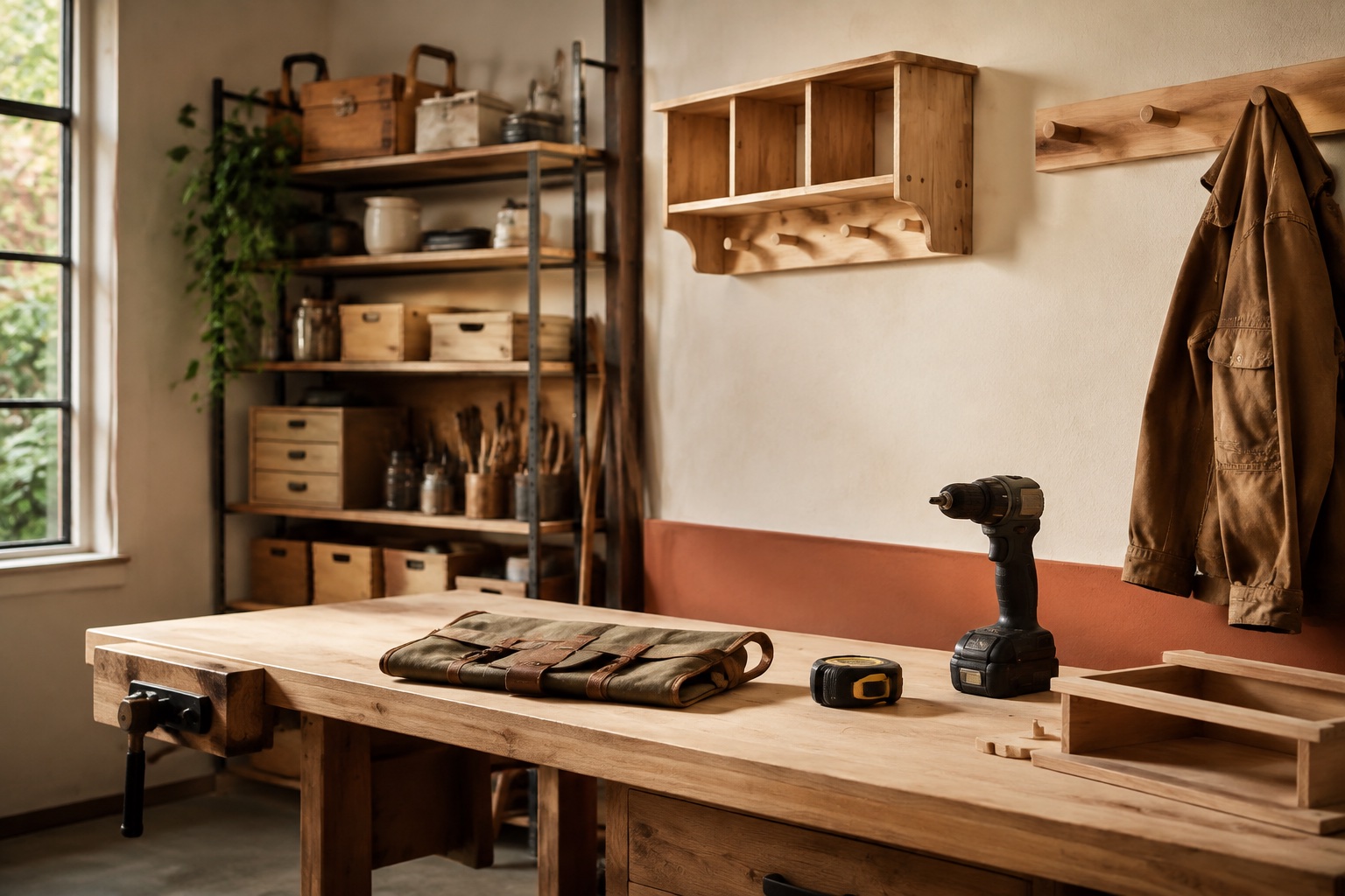 Hand tools and materials laid out on a tidy workshop bench