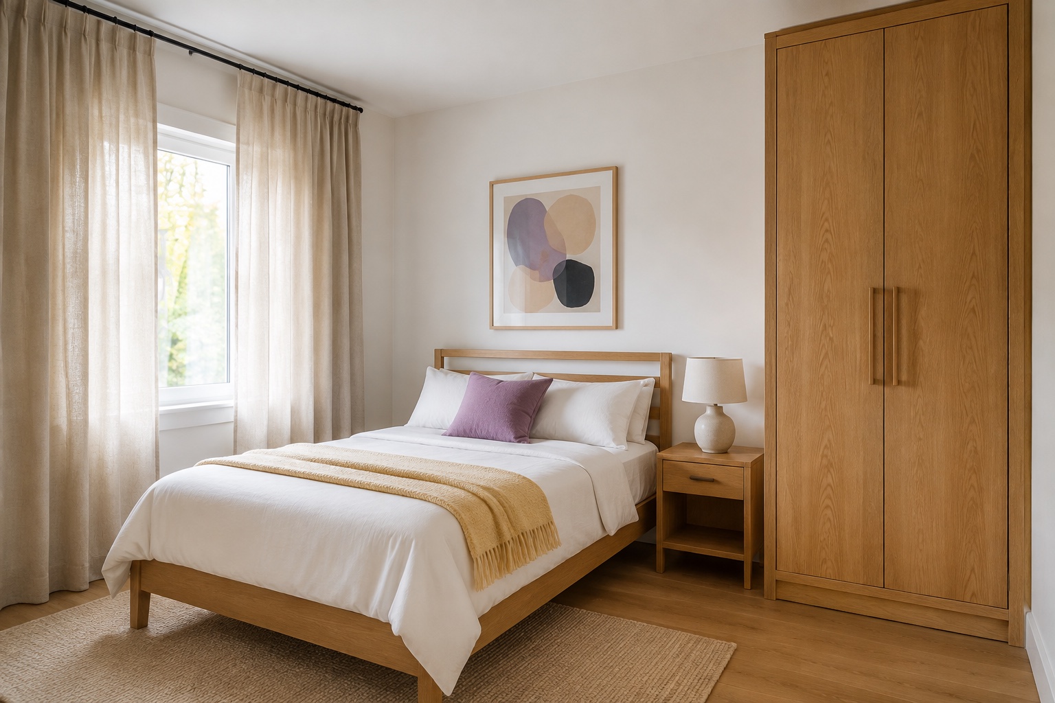 A guest bedroom with an oak bed frame, a wardrobe, framed artwork, and fitted linen curtains