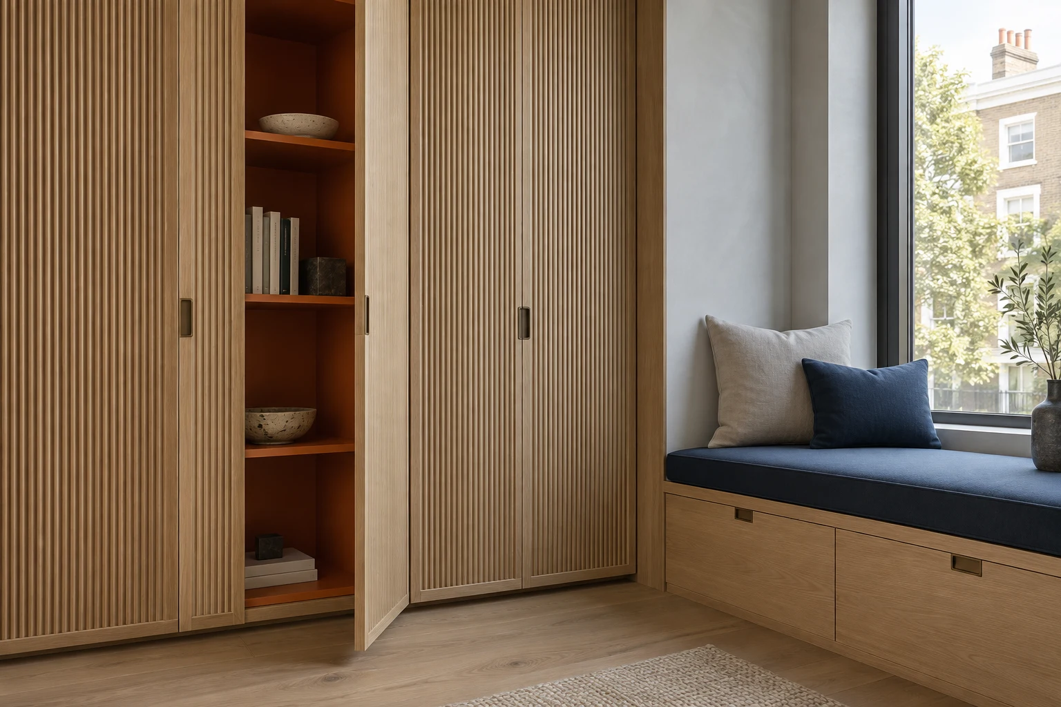 Bespoke pale oak cabinets with a vivid persimmon interior beside a blue-cushioned window seat