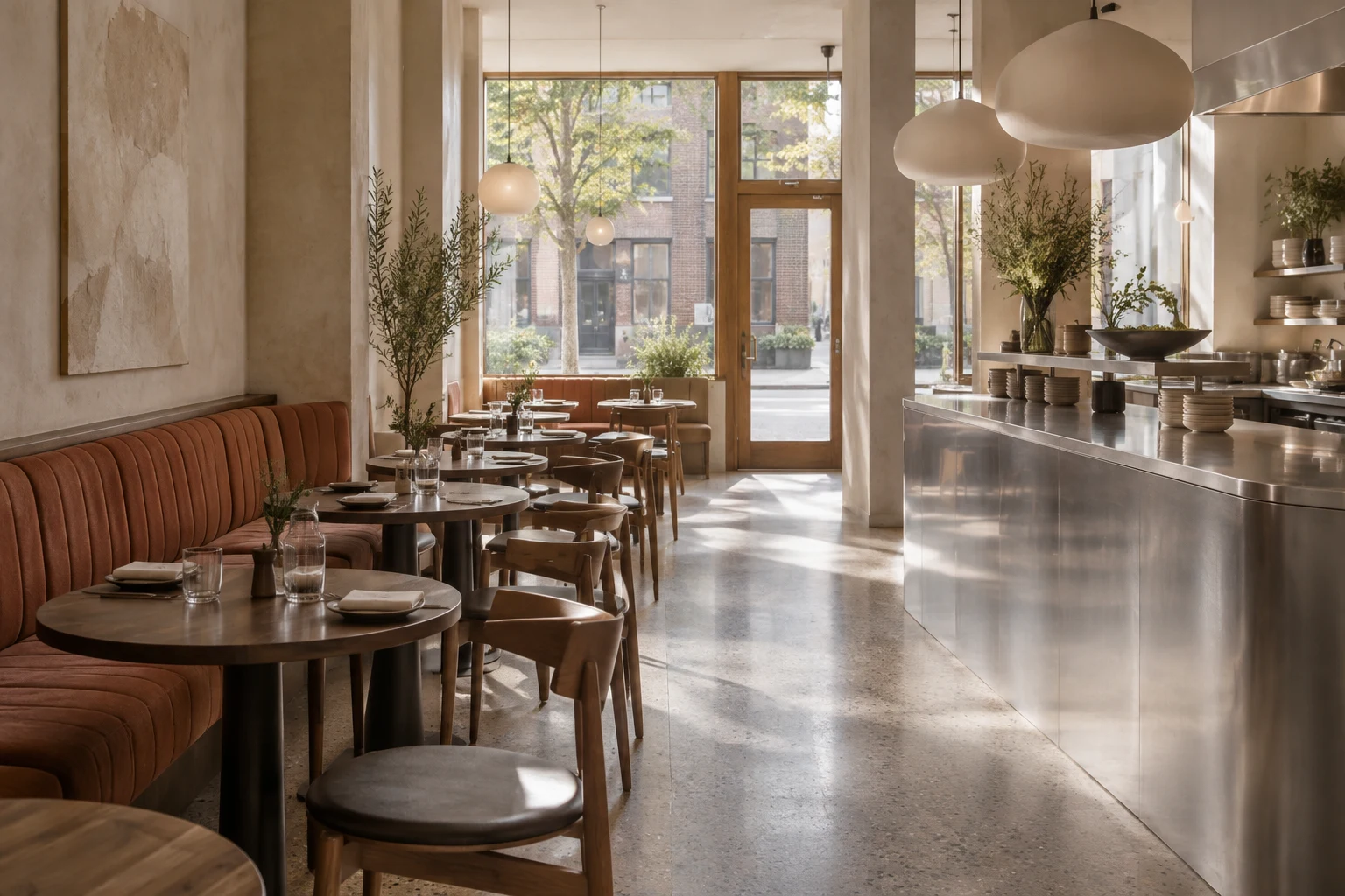 A neighbourhood restaurant with walnut tables, rust banquettes and a brushed steel counter
