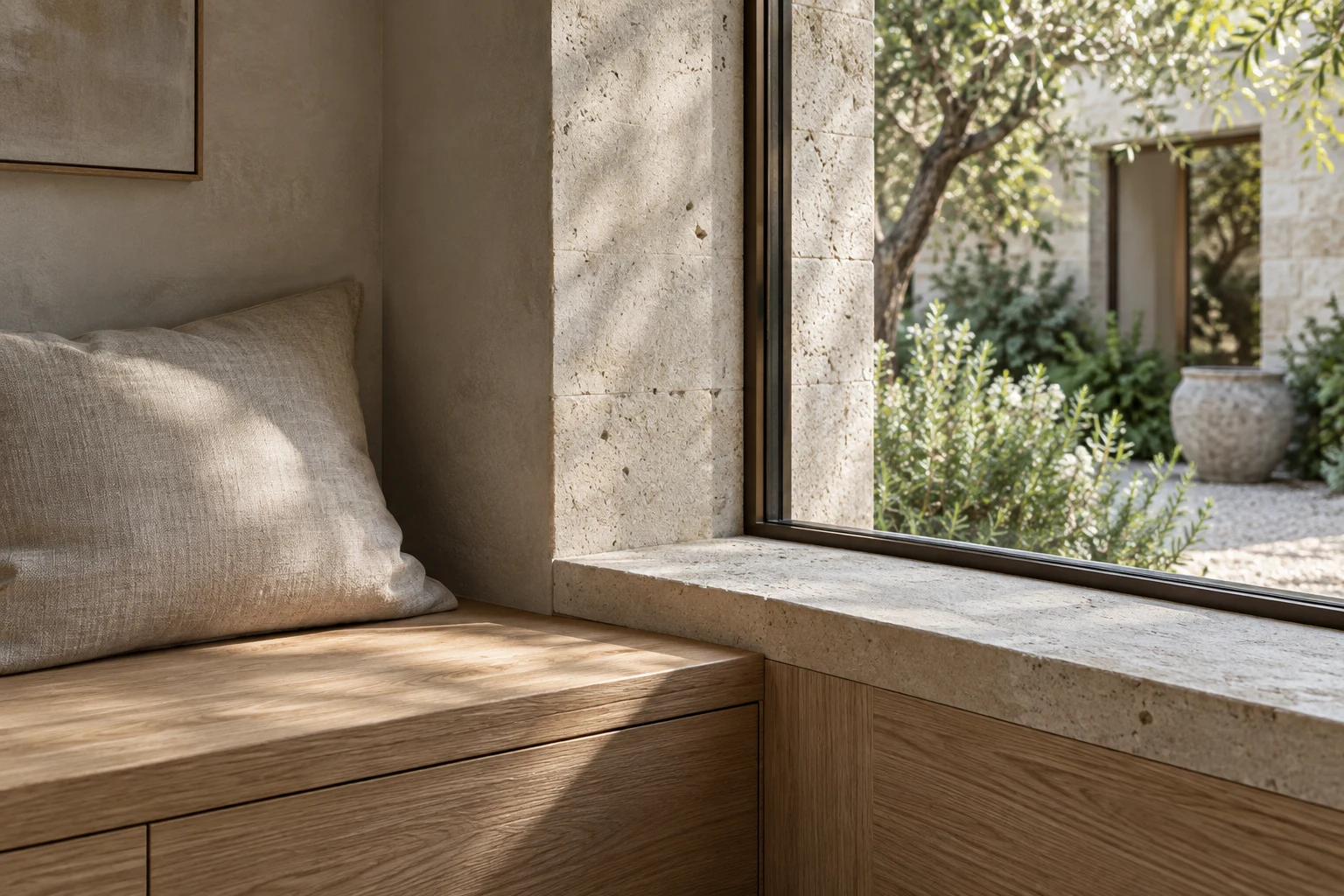 Pale oak window bench, linen cushion and a limestone window reveal