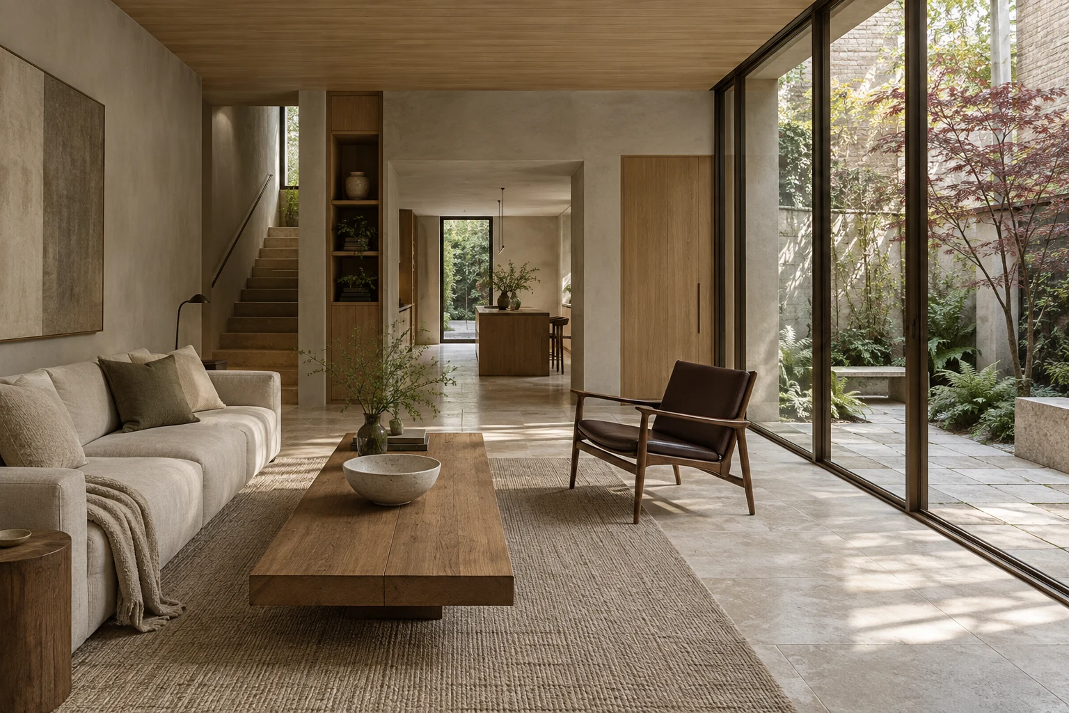 A pale oak and limestone living room opening onto a leafy courtyard