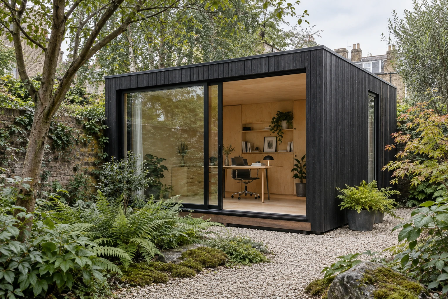 A small charred timber garden studio with glazing and a birch-lined interior