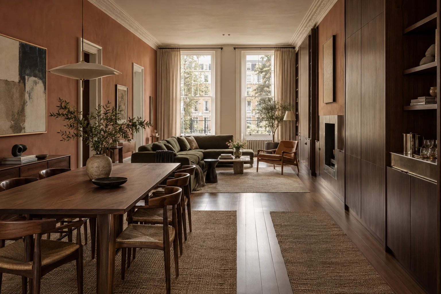 A long apartment with walnut joinery, an olive sofa and a terracotta wall