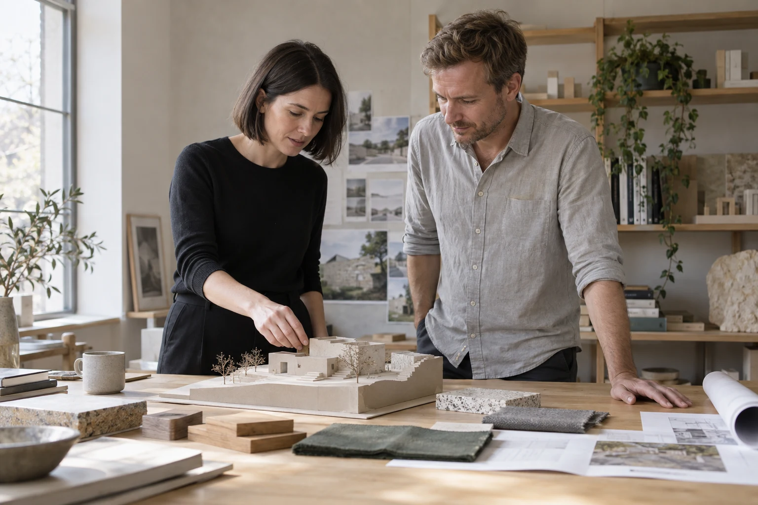 Anna and James discussing a house model and material samples at the studio table