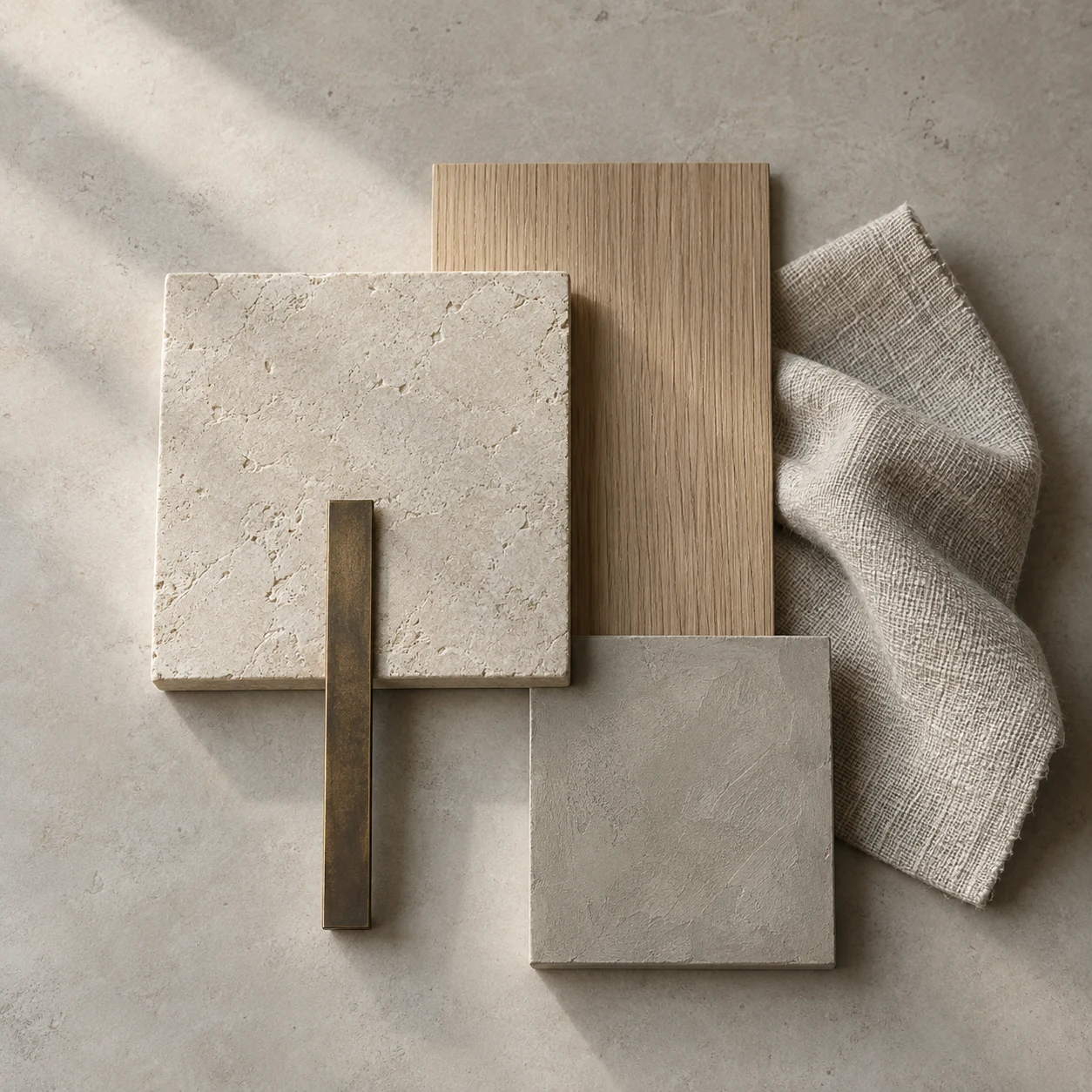 An overhead arrangement of limestone, pale oak, linen, plaster and aged bronze samples
