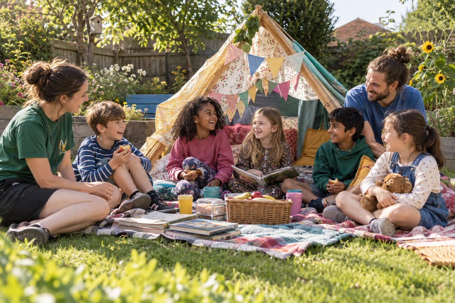 Kids and activity leaders making a fabric den and sharing a picnic in a community garden