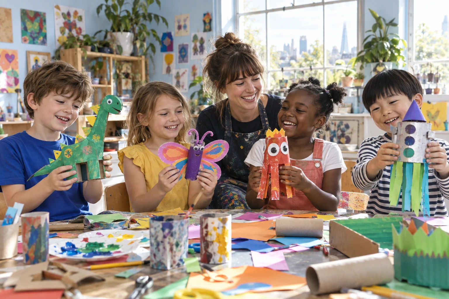 Children and their activity leader proudly showing off colourful handmade creatures at the Hullo craft table