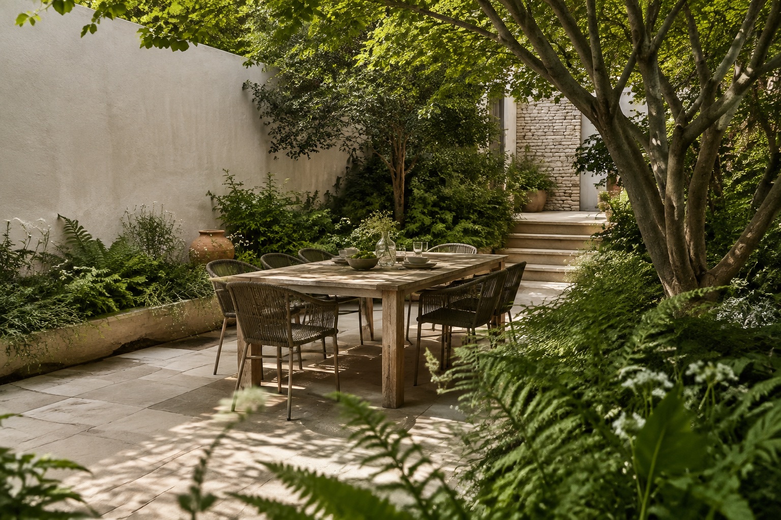 A stone courtyard with an oak dining table surrounded by soft garden planting