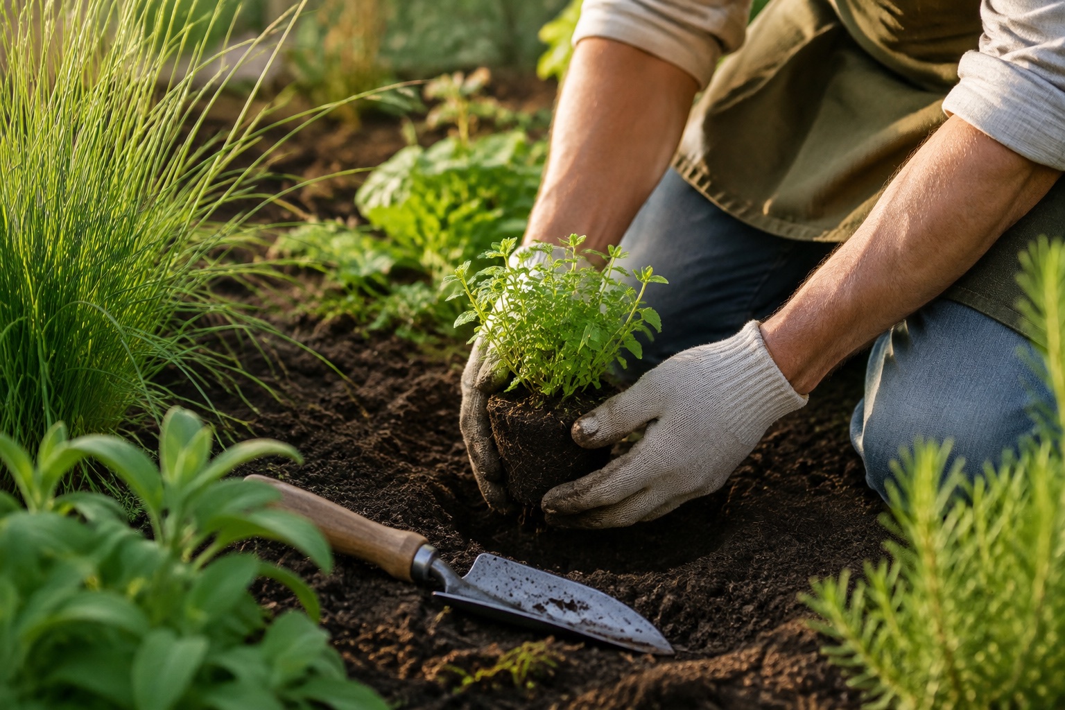 Hands arranging garden plants and working with the soil at the edge of a planting bed