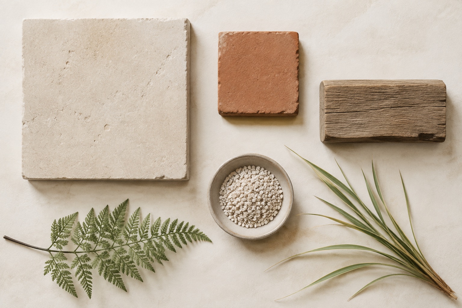 Limestone, terracotta, timber, gravel, and botanical cuttings arranged as a garden material sample board