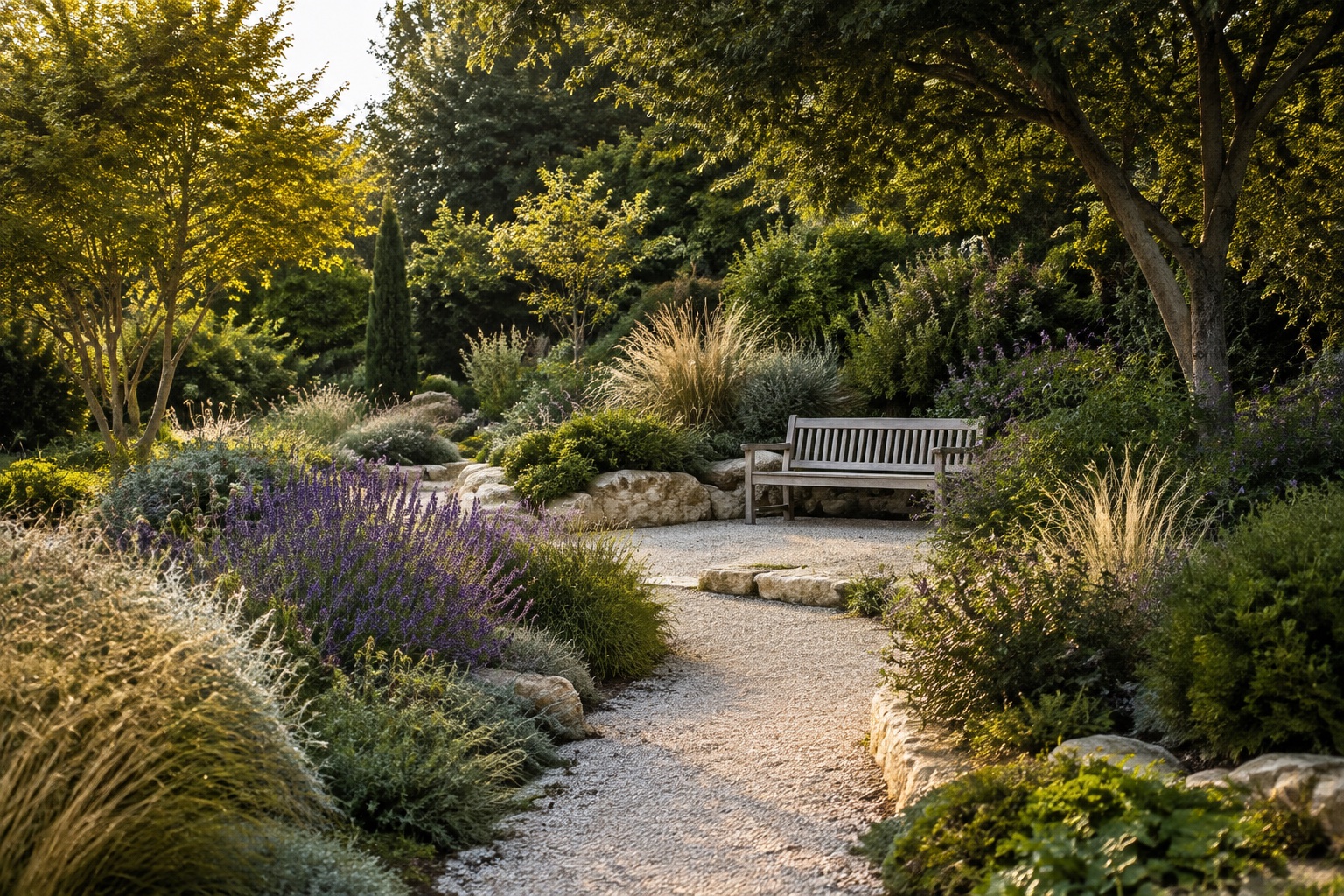 A layered garden with natural planting and a stone path leading through the greenery