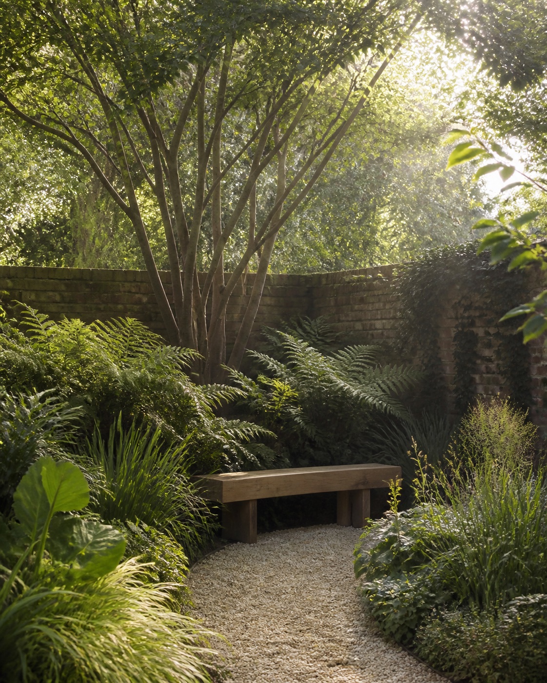 A timber bench nestled among ferns beside a quiet gravel garden path