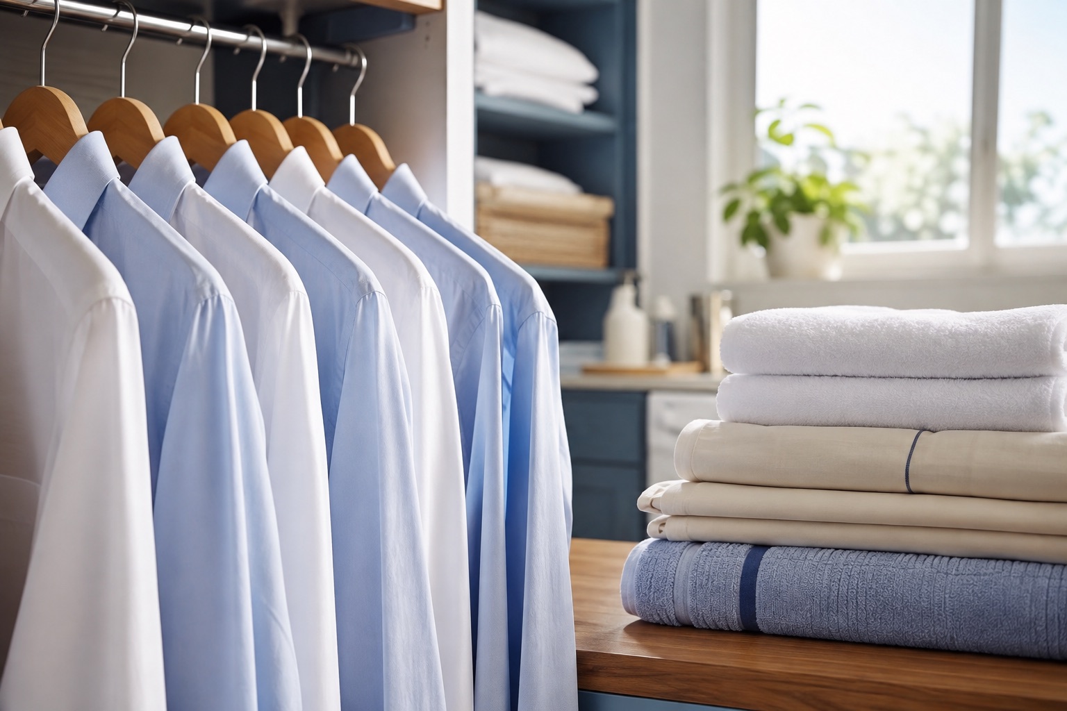 Freshly pressed shirts on wooden hangers beside folded bed linen