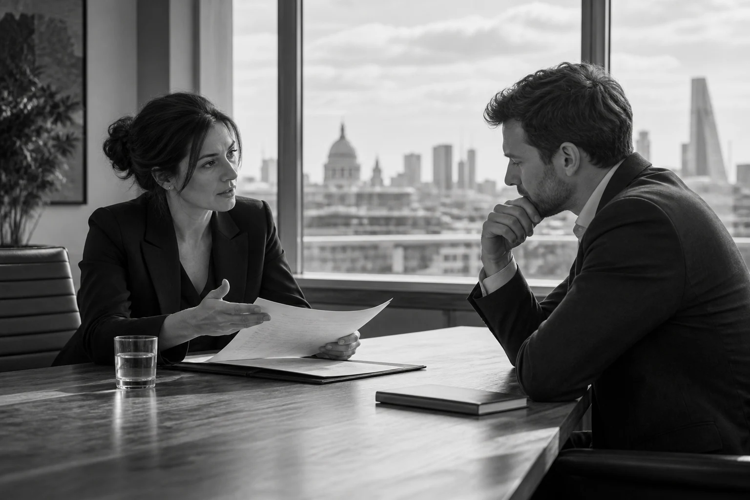A lawyer and client discussing documents around a conference table