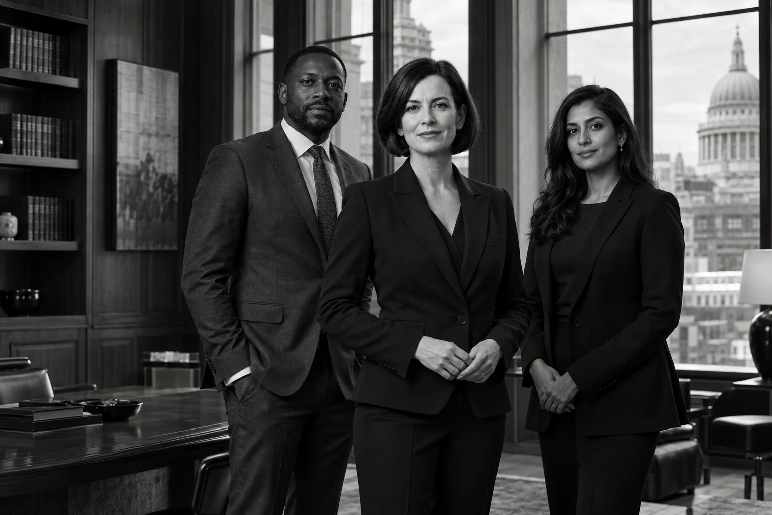 Three lawyers standing together in a city law office