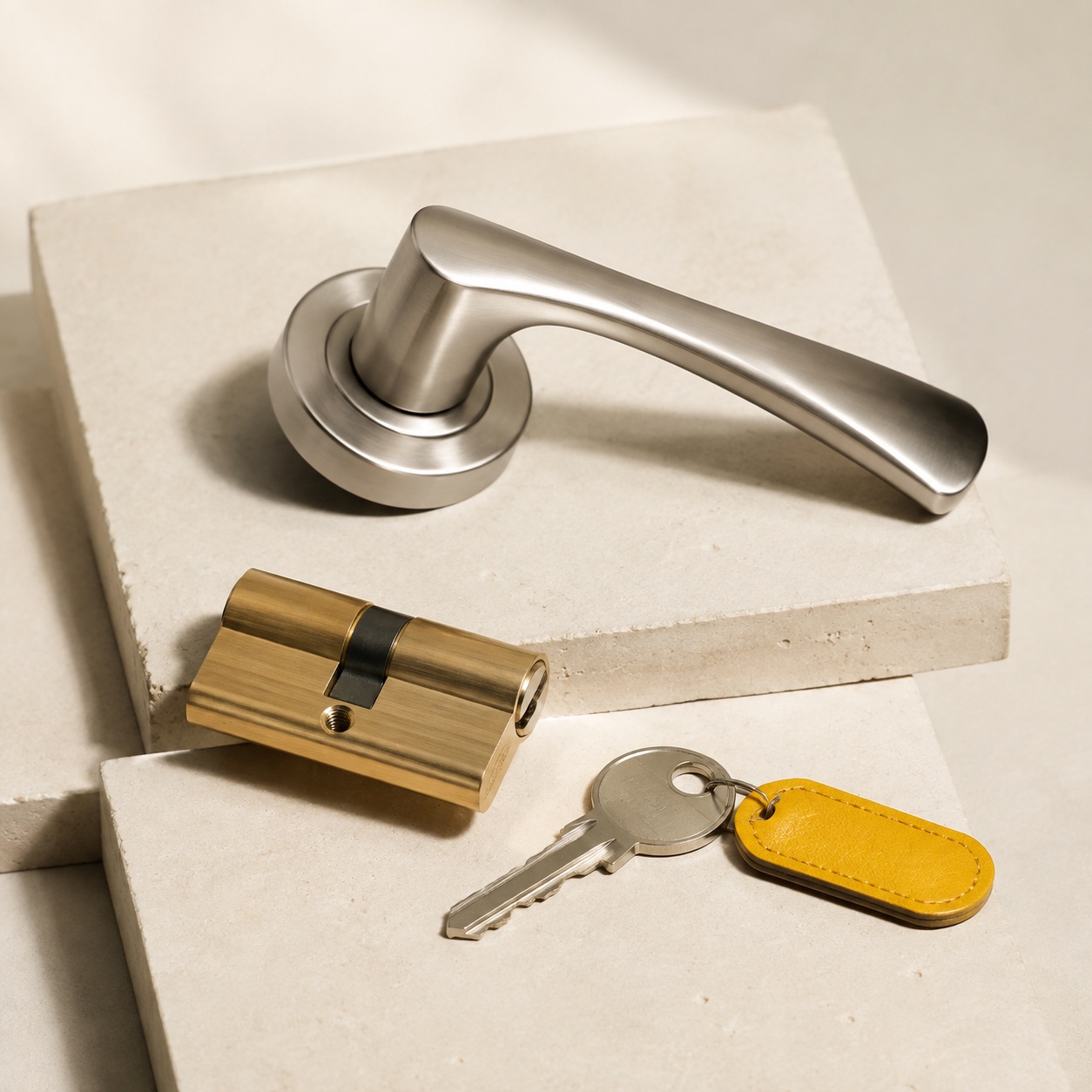 Satin metal door hardware and a yellow key tag on stone display blocks