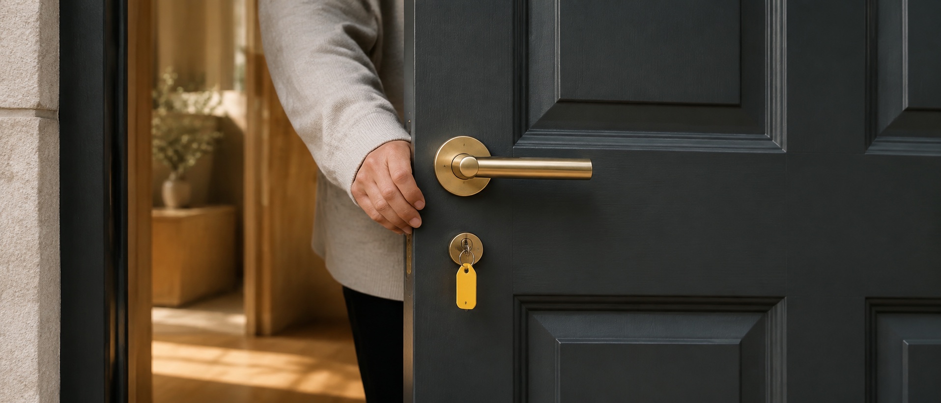 A hand opening a charcoal front door with a brass handle