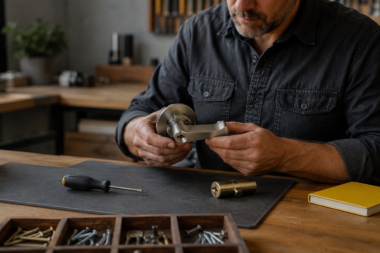 A locksmith examining a metal door handle at an organized workshop bench