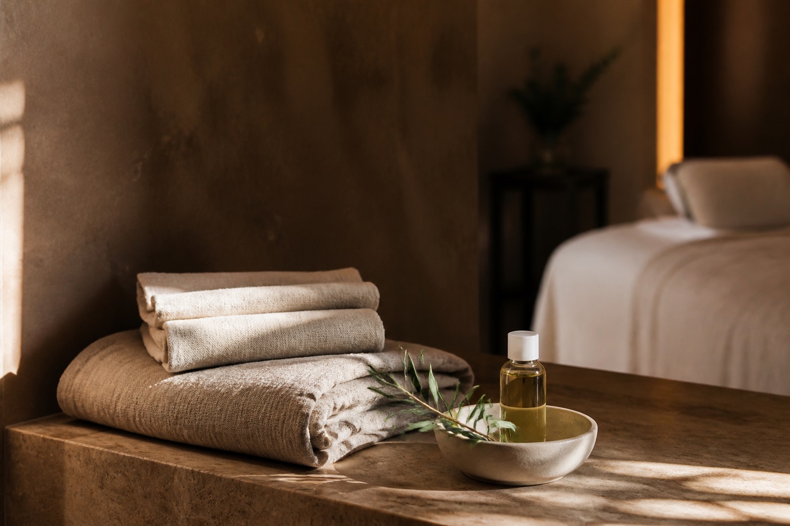 Linen towels and natural massage oil on a travertine ledge