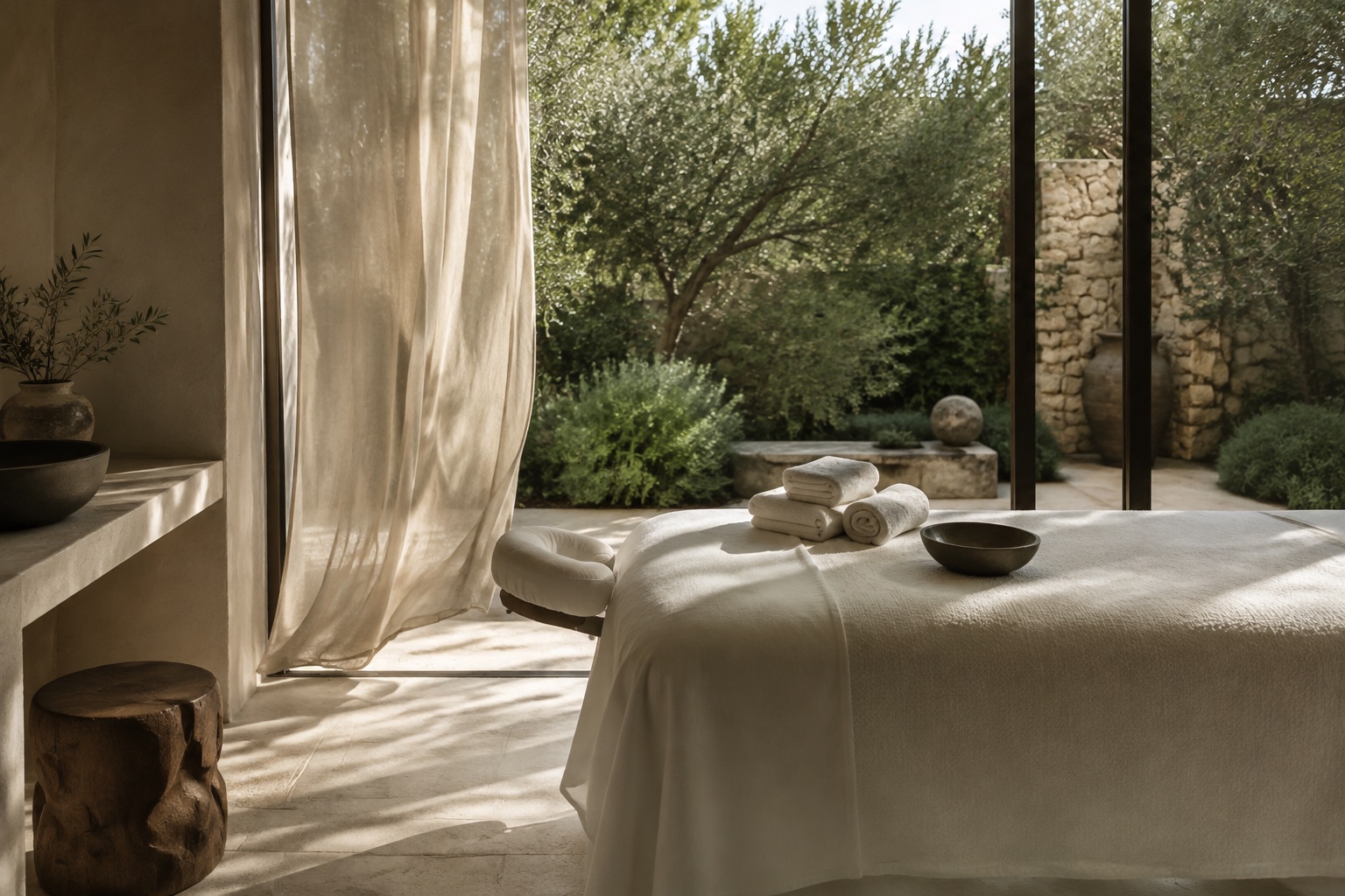 A peaceful spa room with a massage table, soft linen, and a view of greenery