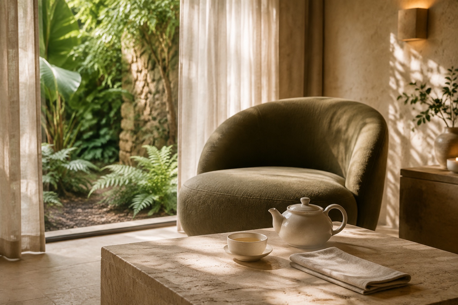 A ceramic teapot and cup on a stone table beside a sage lounge chair and a leafy garden window
