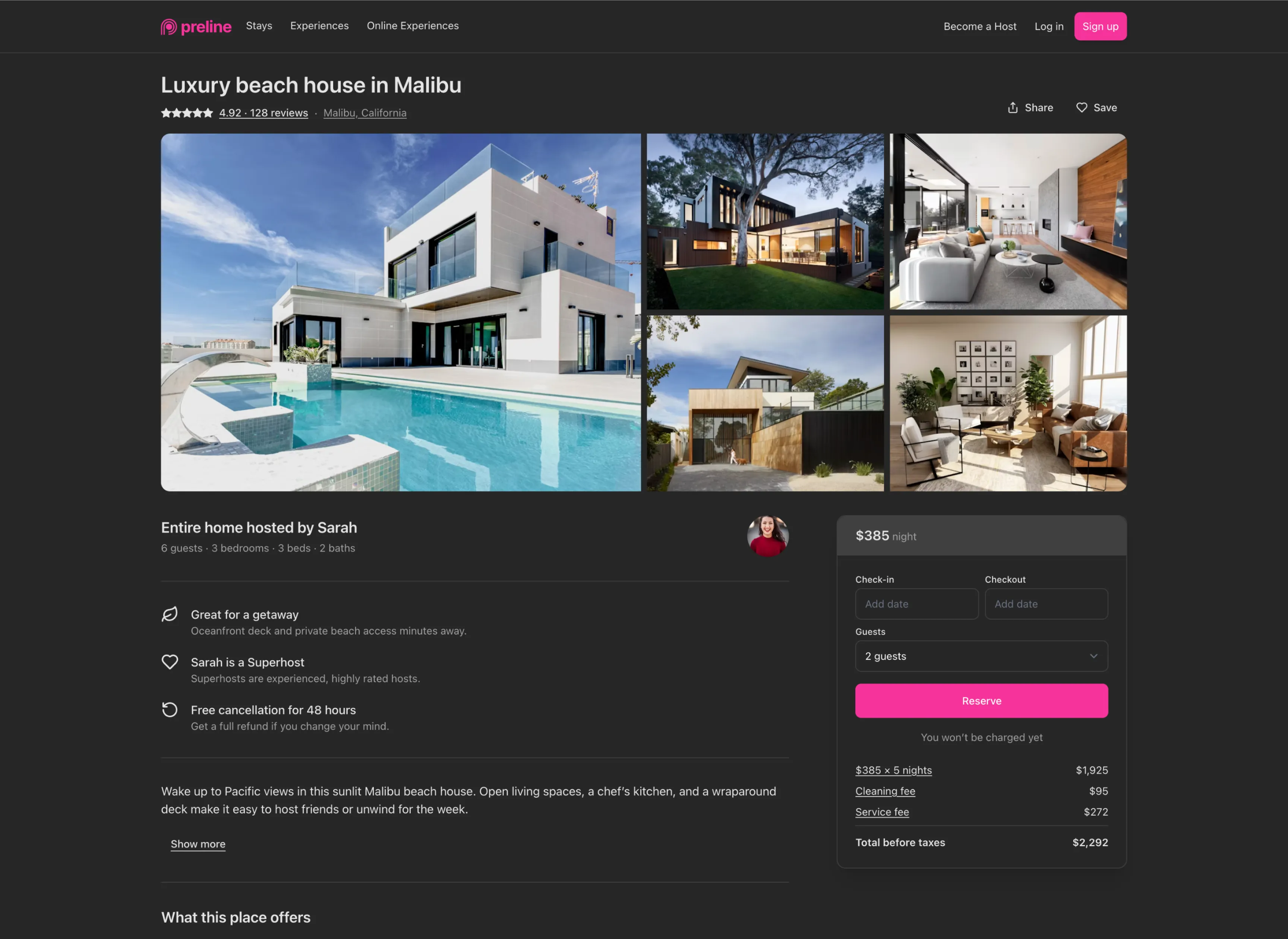Homestay demo built with Preline MCP in dark mode