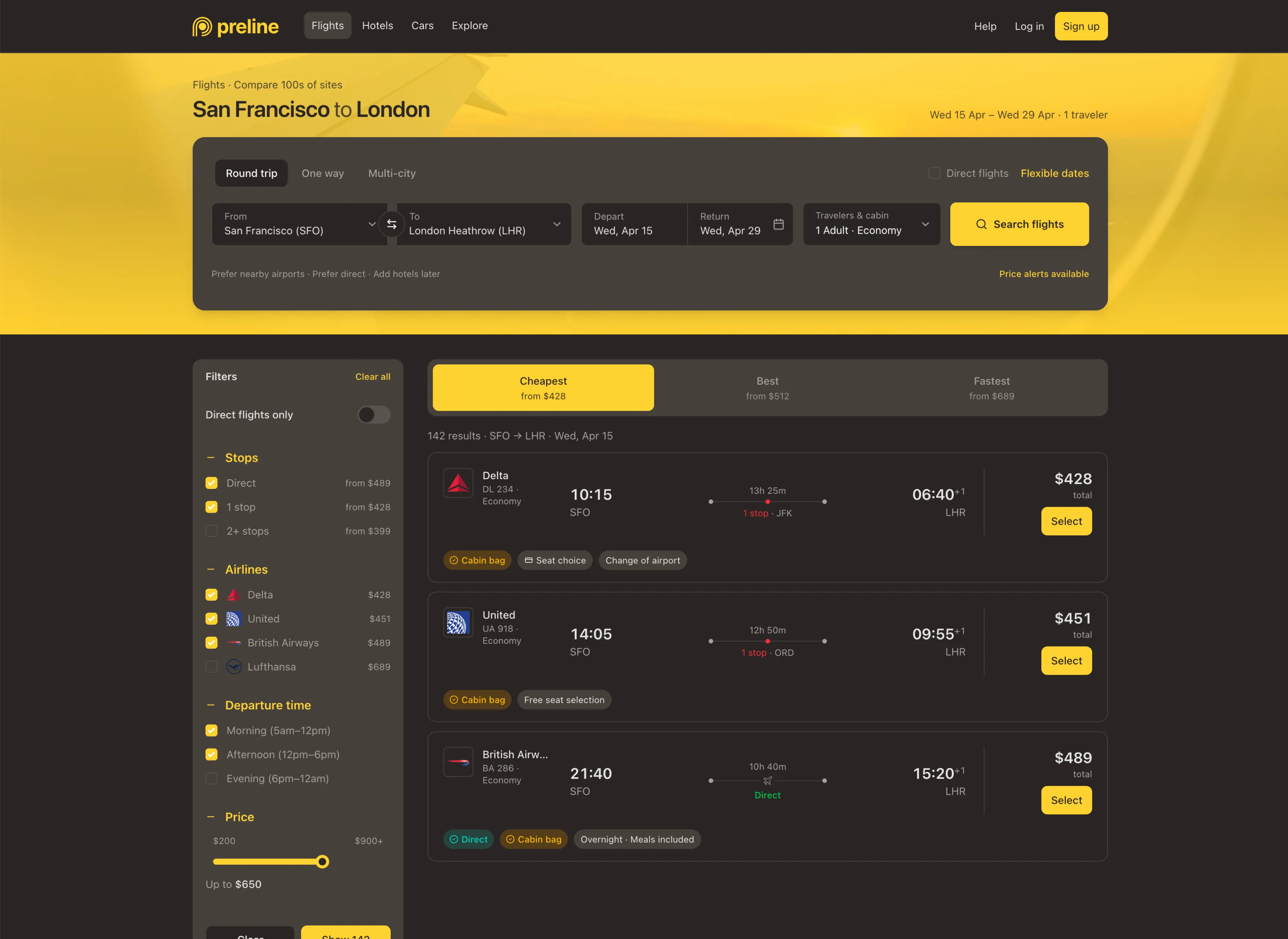 Flight search interface with a custom Preline theme in dark mode