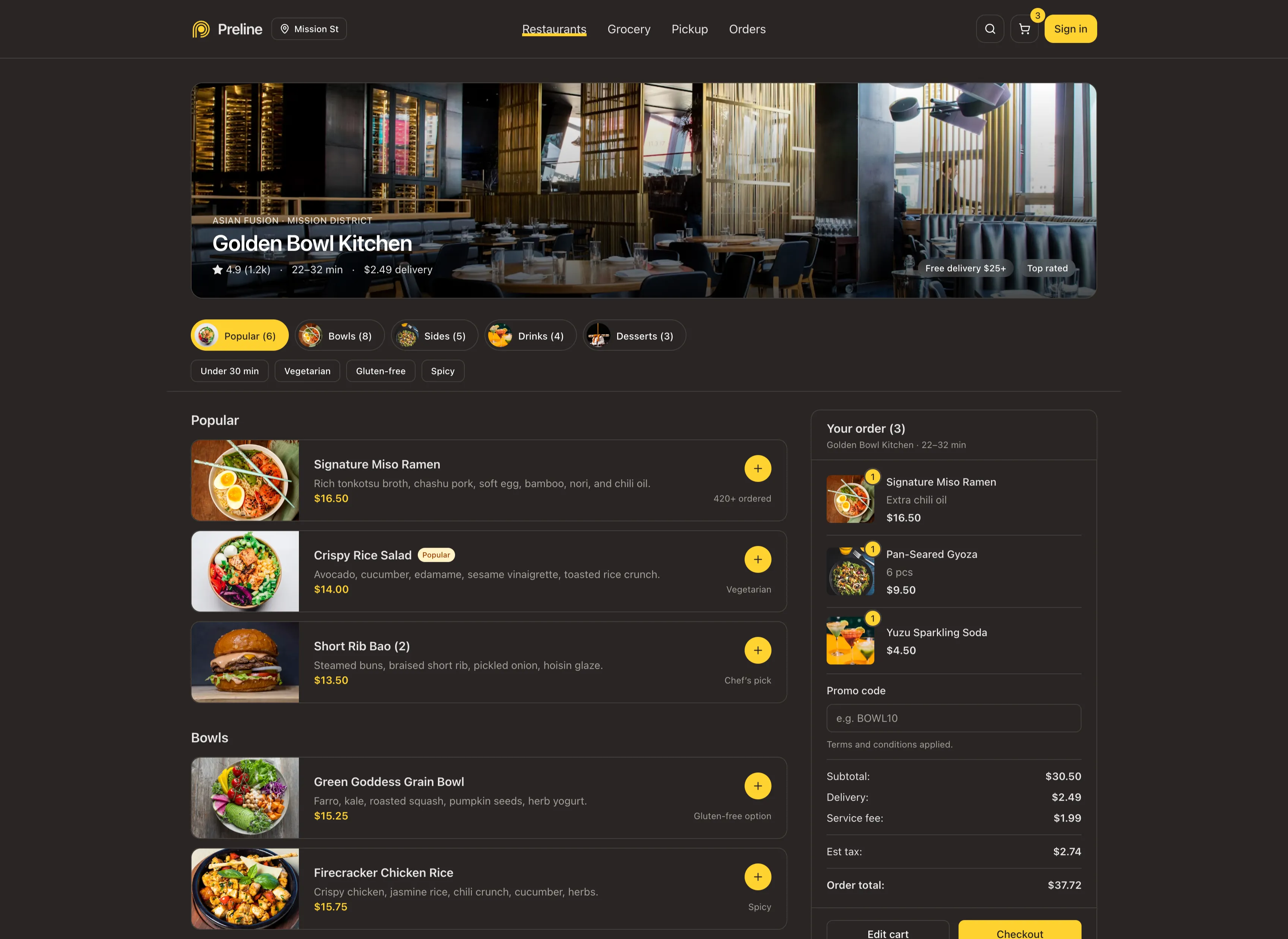 Food ordering demo built with Preline MCP in dark mode