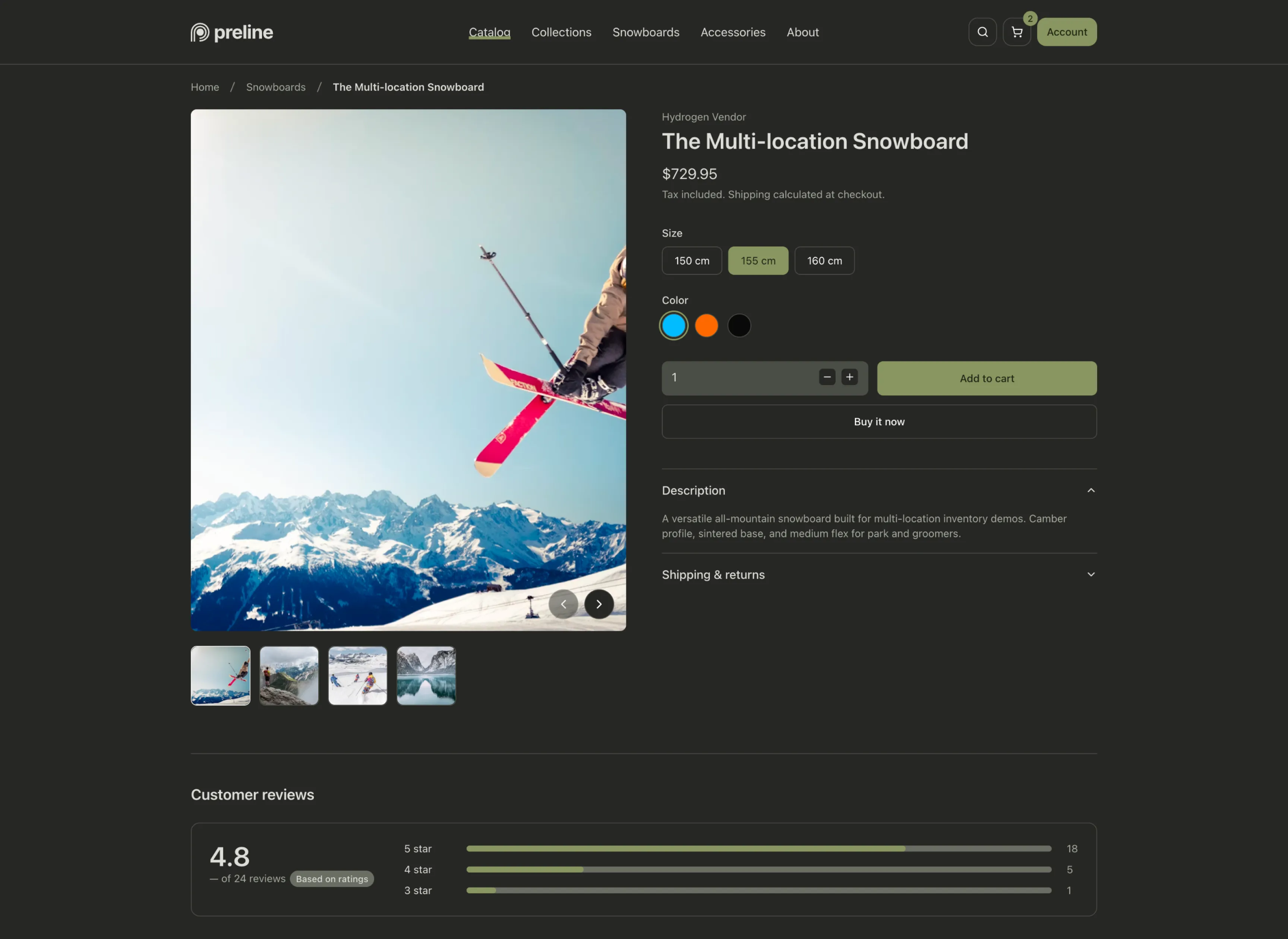 Online store demo built with Preline MCP in dark mode