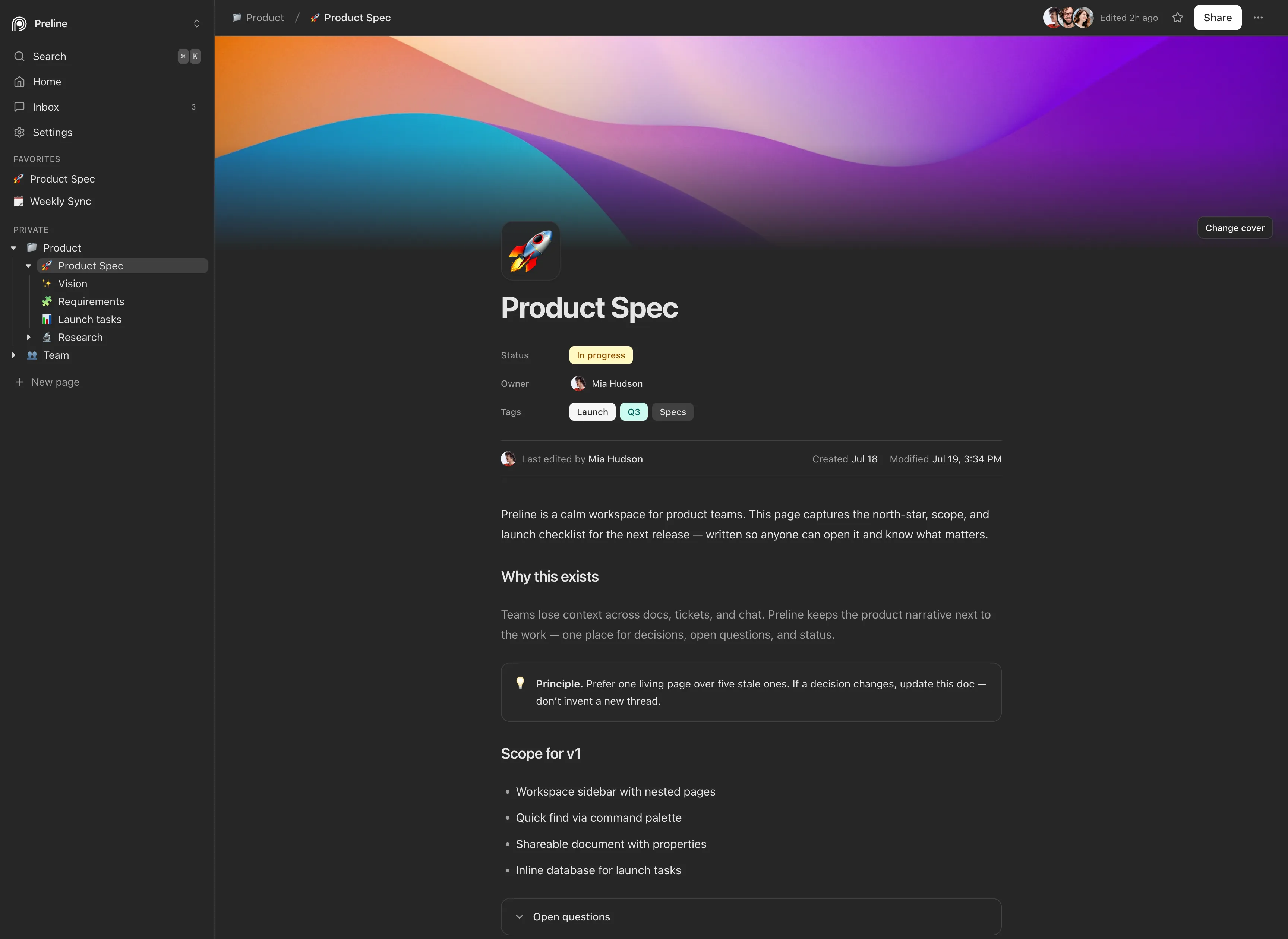 Workspace page demo built with Preline MCP in dark mode