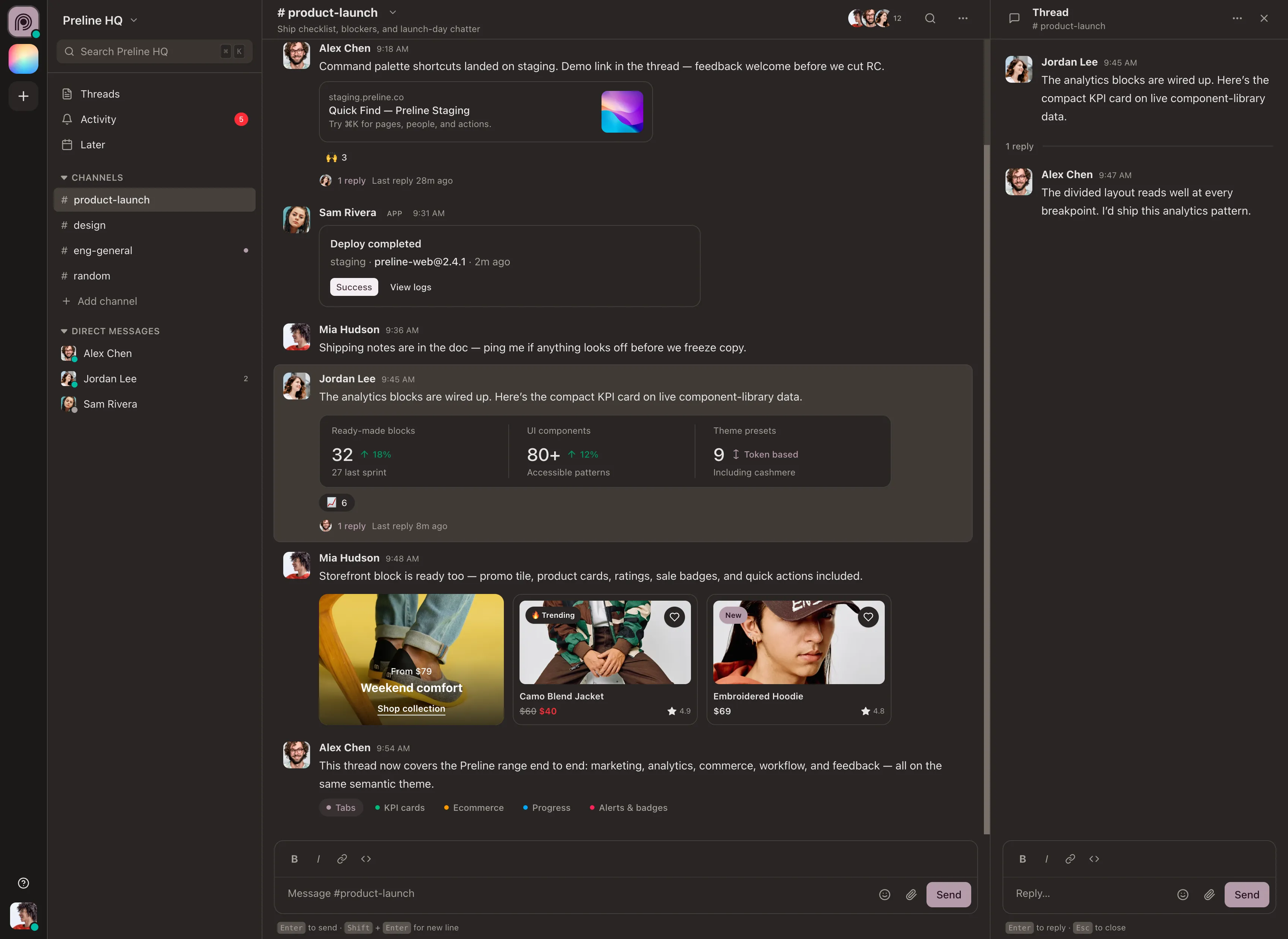 Team chat demo built with Preline MCP in dark mode