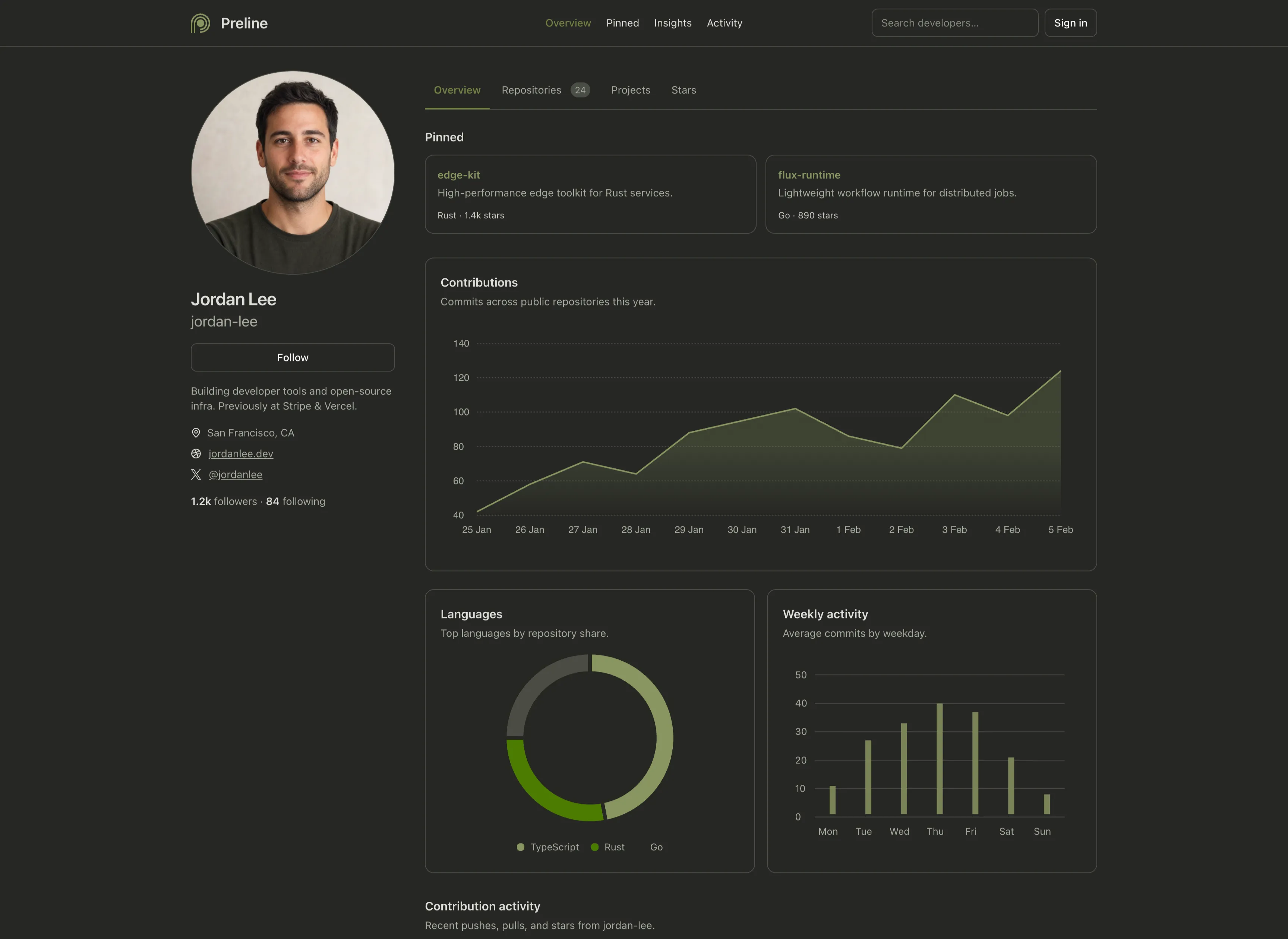 Developer profile demo built with Preline MCP in dark mode