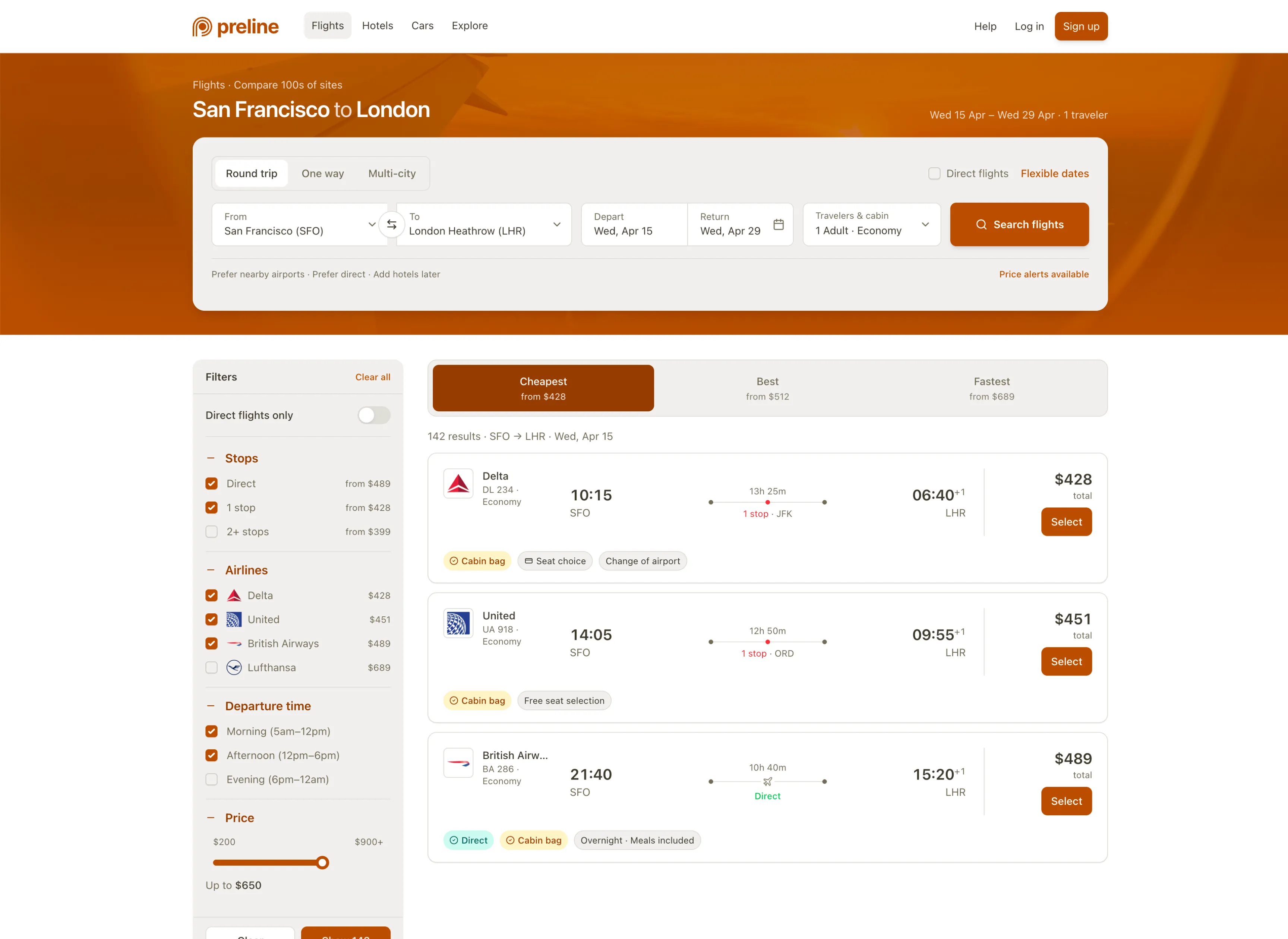 Flight search interface with a custom Preline theme in light mode