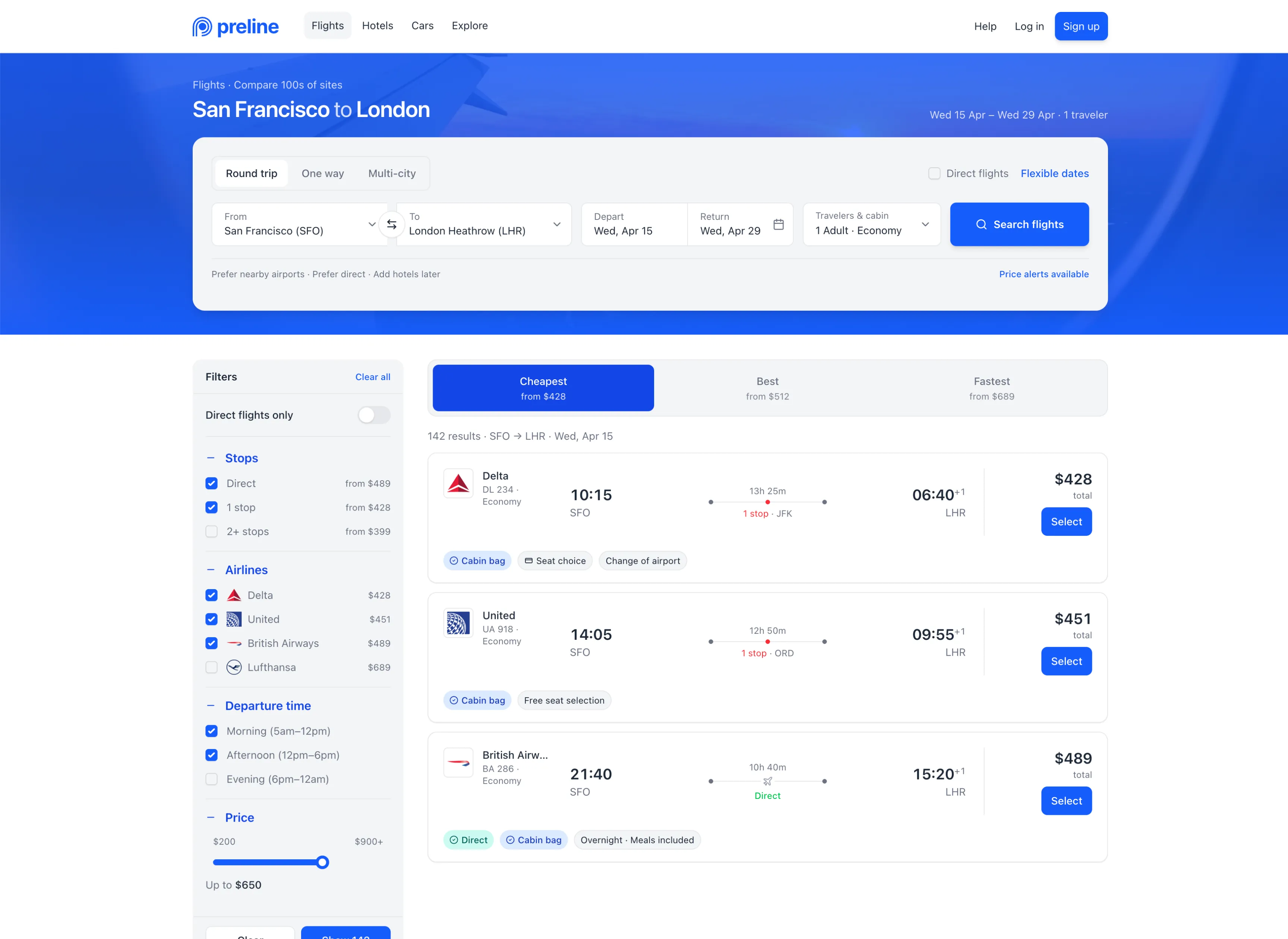 Default flight search interface in light mode