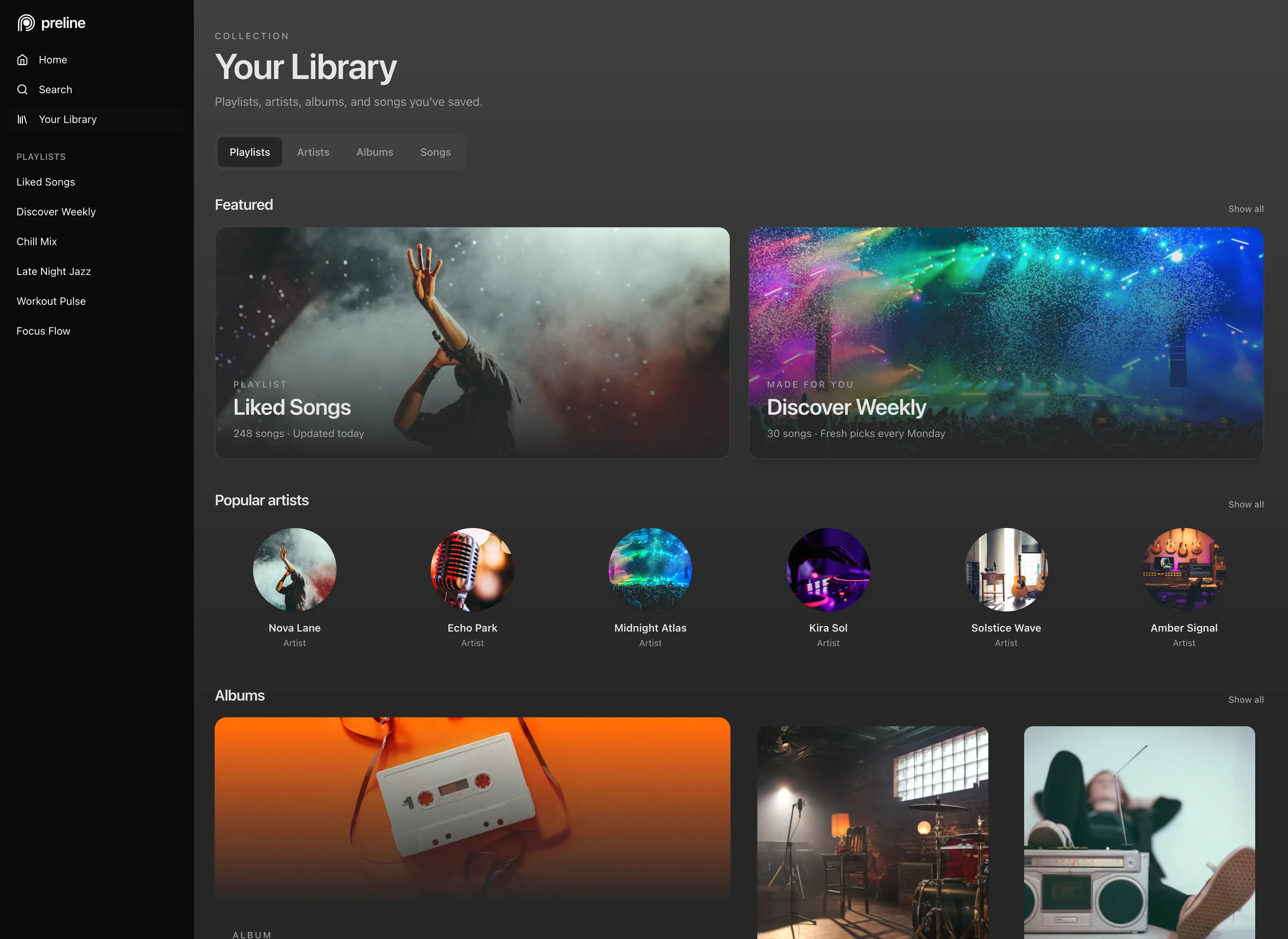 Music demo built with Preline MCP in light mode