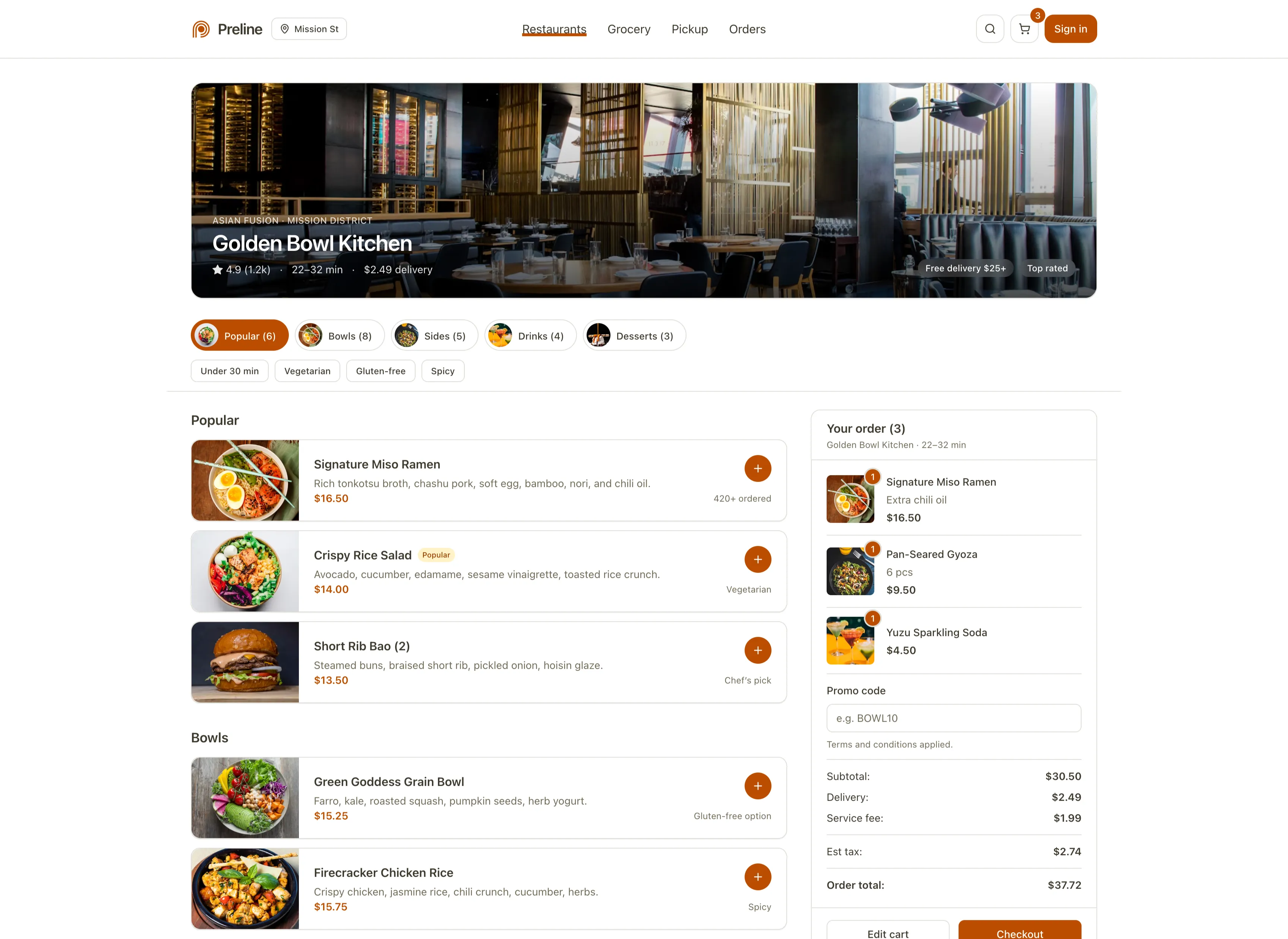 Food ordering demo built with Preline MCP in light mode