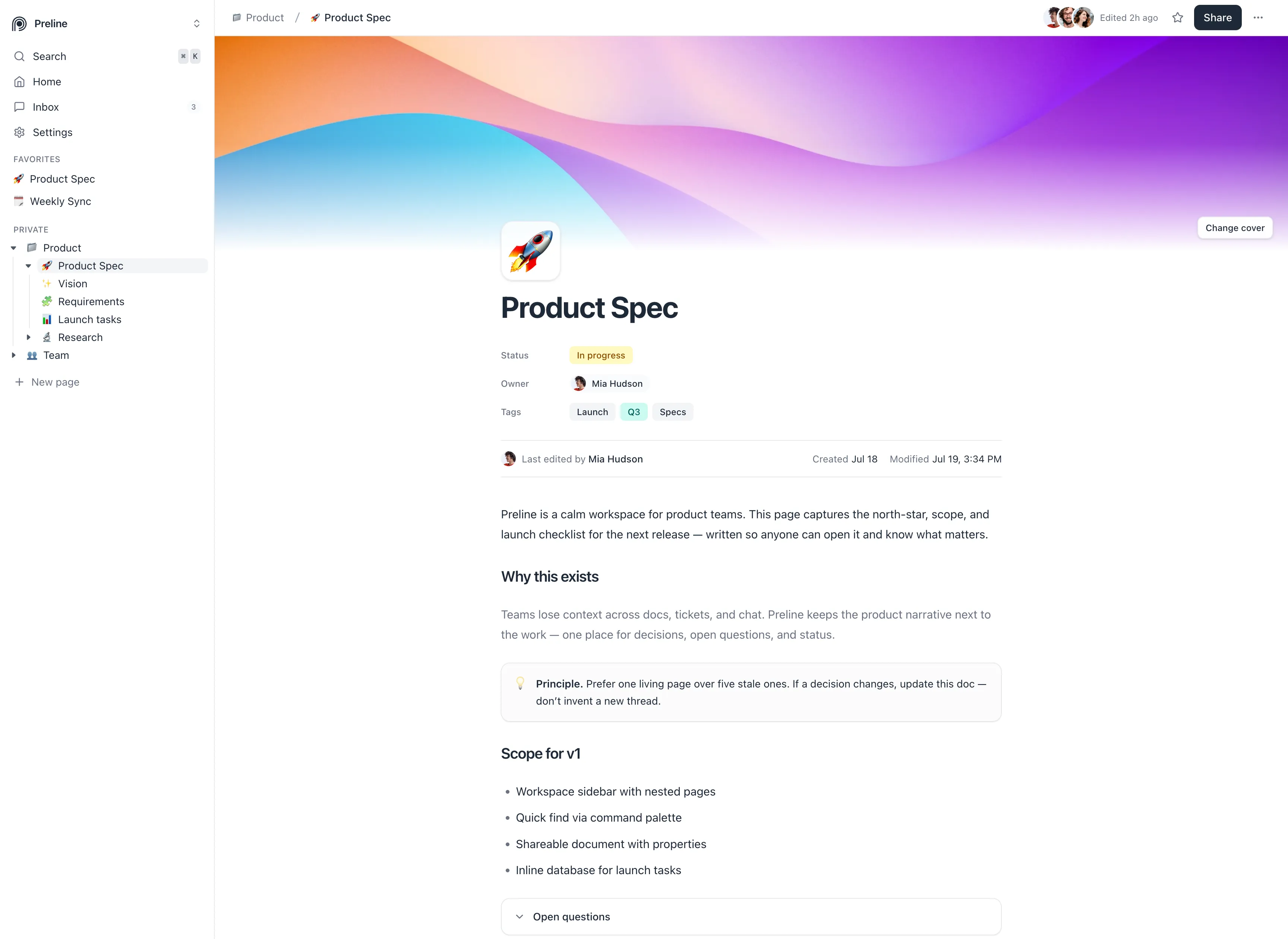 Workspace page demo built with Preline MCP in light mode