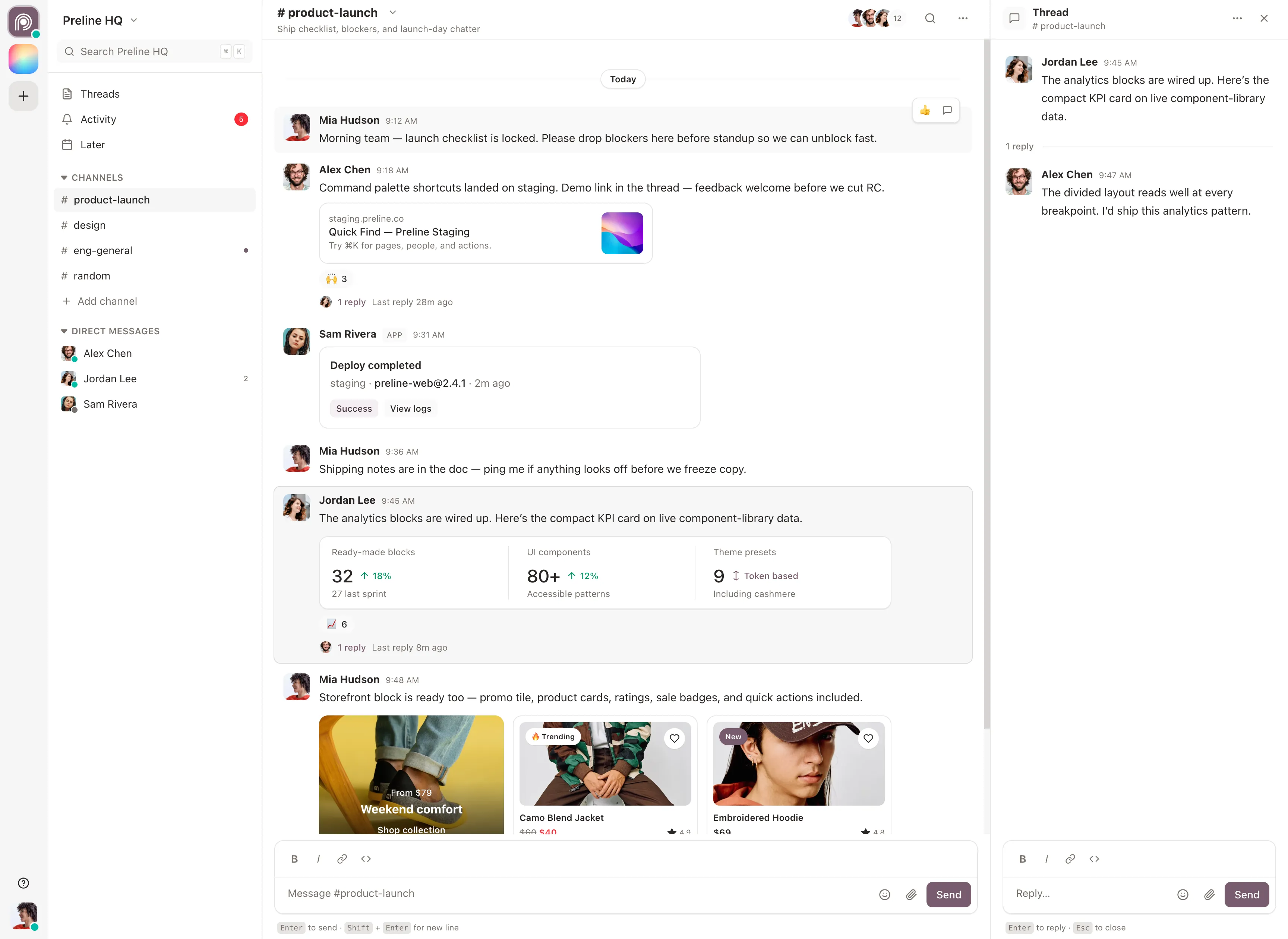 Team chat demo built with Preline MCP in light mode