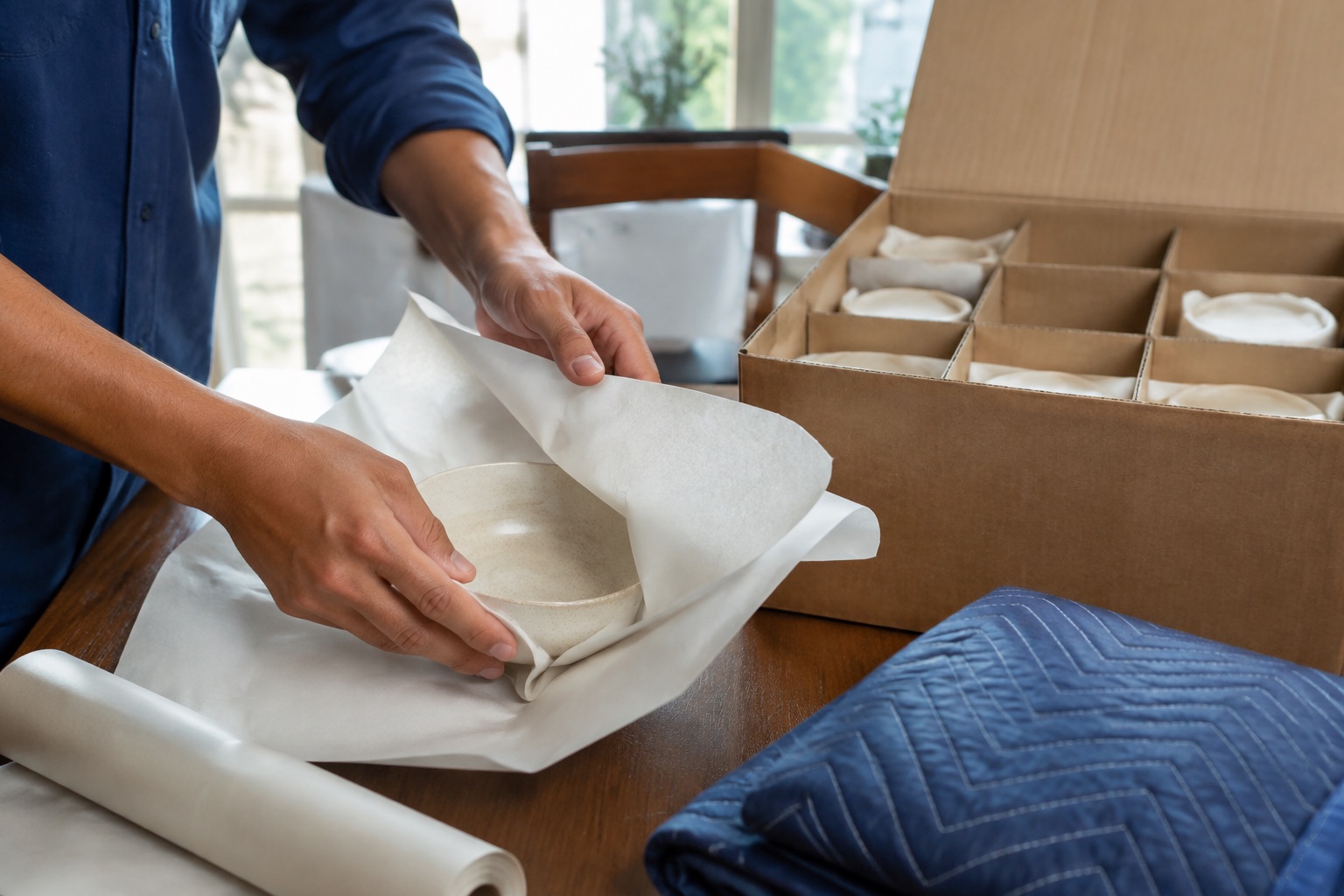 Ceramic bowls being wrapped in paper beside a divided moving box